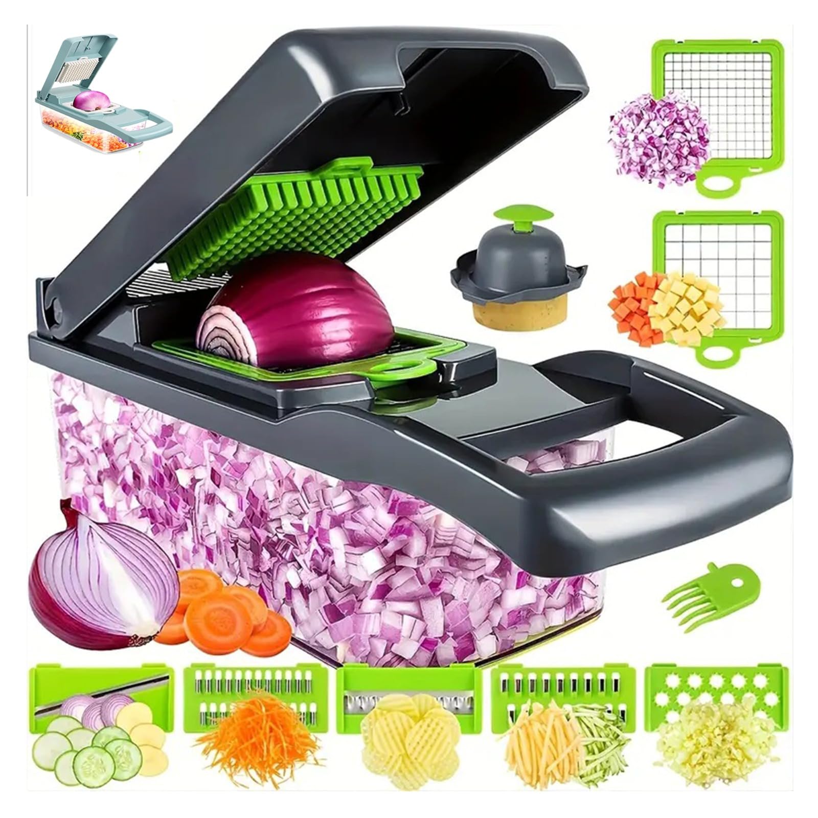 Vegetable Chopper 14-in-1 & Onion Slicer – Multifunctional Vegetable Cutter, Mandoline Slicer, Food Dicer, Cheese & Garlic Grater with Container | قطاعة خضروات Kitchen Gadget for Fast Meal Prep
