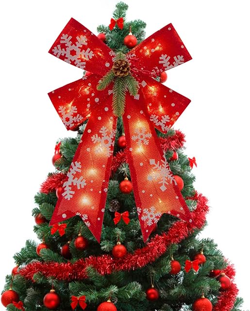 DERAYEE Large Christmas Bow, 55cm Lighted Christmas Bow 20 Warm Lights Battery Operated Xmas Tree Ornaments Topper for Christmas Home Door Wall Presents Party Decoration