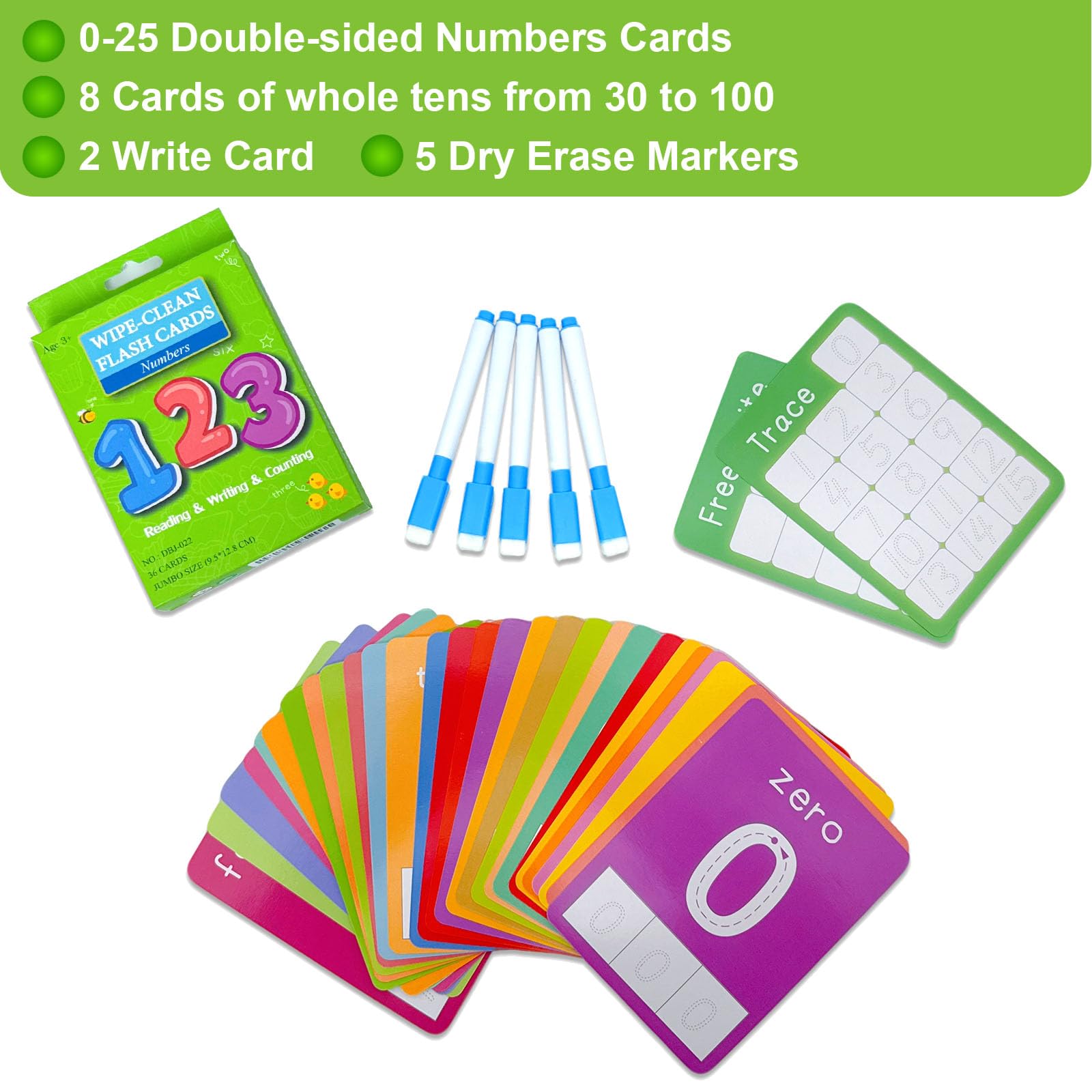 Number Flash Cards for Toddlers with 5 Dry Erase Pens, Numbers 0-25/30-100 Preschool Fun Learning Card, 36PCS Double Sides Counting Flashcards,Early Education Flashcards for Kids Ages 1-5