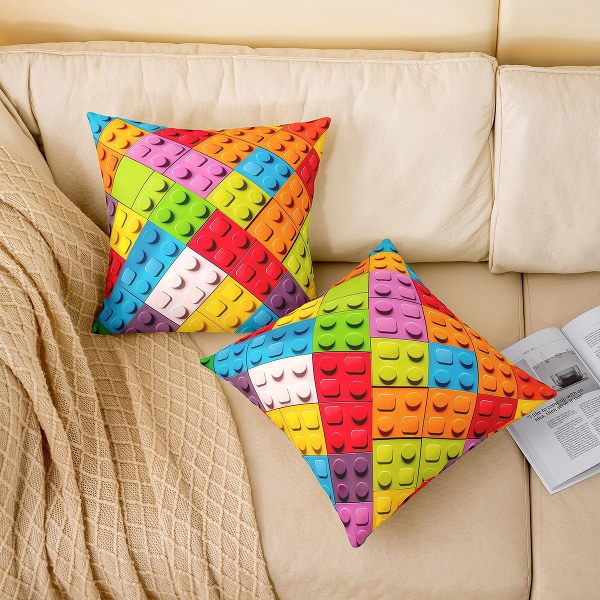 Feelyou Brick Square Cushion Covers Set of 1 Building Blocks Reversible Throw Pillow Covers Pillow Covers Home Decor 24 x 24-Inch Colorful