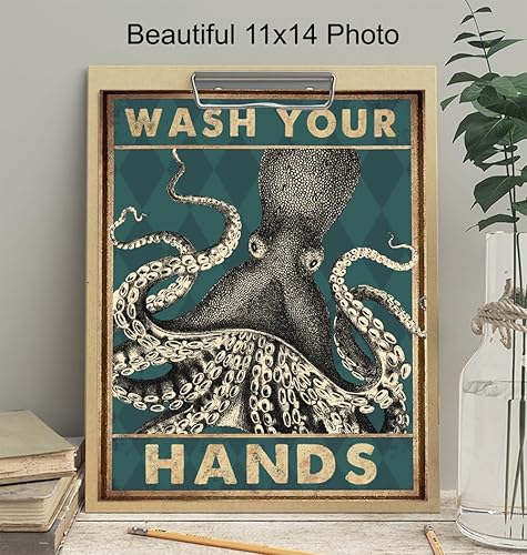 Miniatura 4 de nautical Bathroom Wall Art 11x14 - Beach Coastal Octopus Bathroom Decor - Wash Your Hands Sign - Funny Decorations - Small Bath Wall Decor - Cute