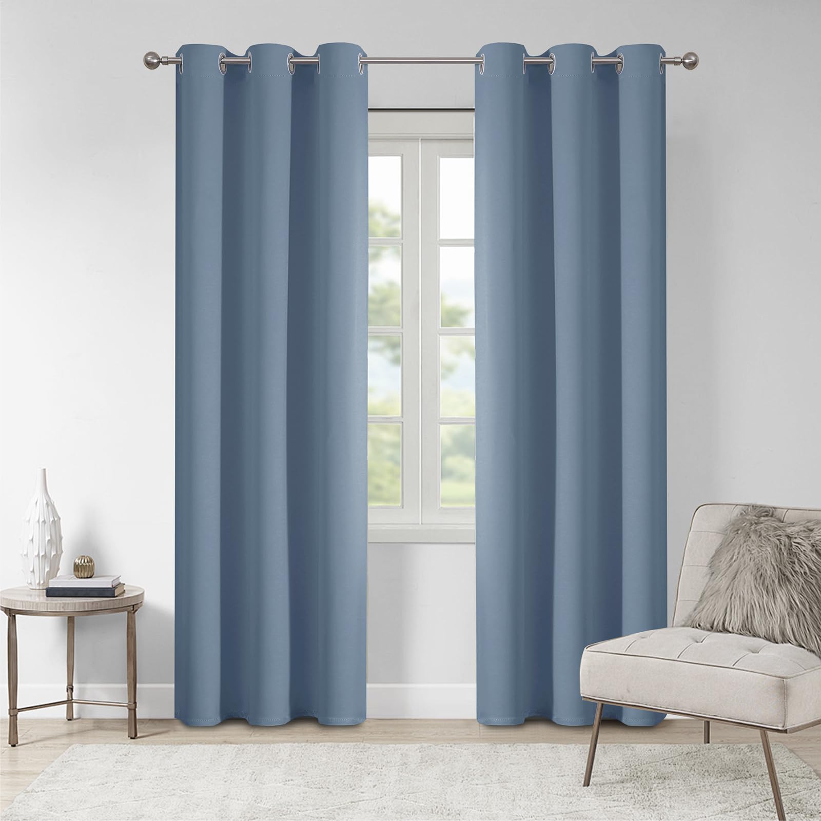 VEHEDE Blackout Curtains Bedroom, 84 Inch Drop 2 Panles Set Thermal Eyelet Long Opaque Curtain, Energy Saving Privacy Window Draps for Home Decor, W38 x L84, Stone Blue — image 1