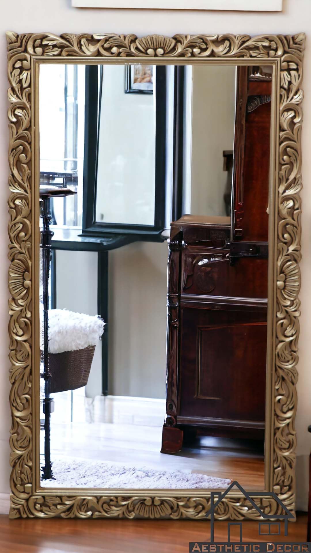 AESTHETIC DECOR Wooden Carved_Antique Gold Finish_Rectangular_Full Length_Floor Standing_Wooden Mirror Frame for Living Room, Bed Room, Wall Decoration, Size 4 * 2.5FT Without Mirror Crown Pattern-image-38