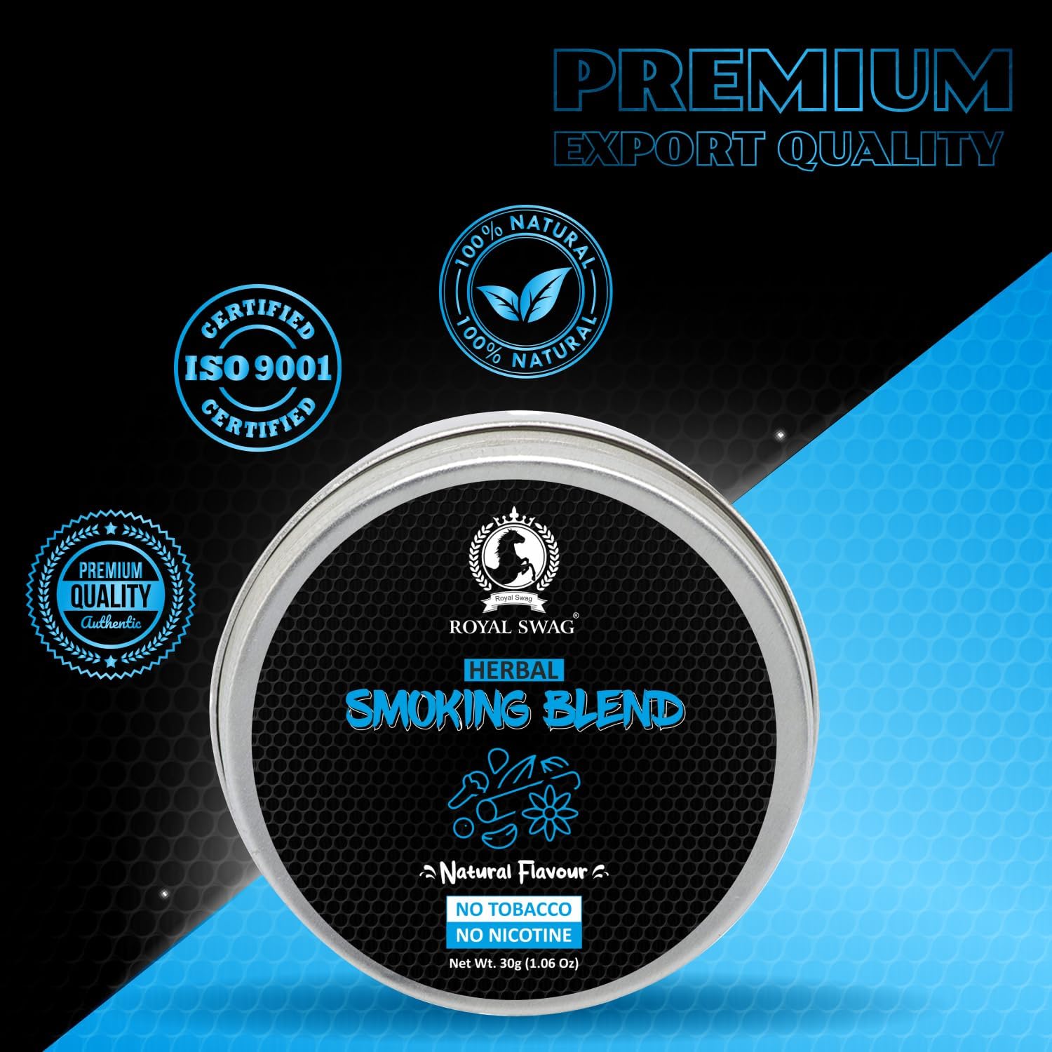 Royal Swag Ayurvedic Herbal Mixture 100% Tobacco-Free and Nicotine-Free Smoking Blend 30 g/1.0 oz (Container) | Natural Flavour with All-Natural Ingredients, 100% Natural and Chemical Free