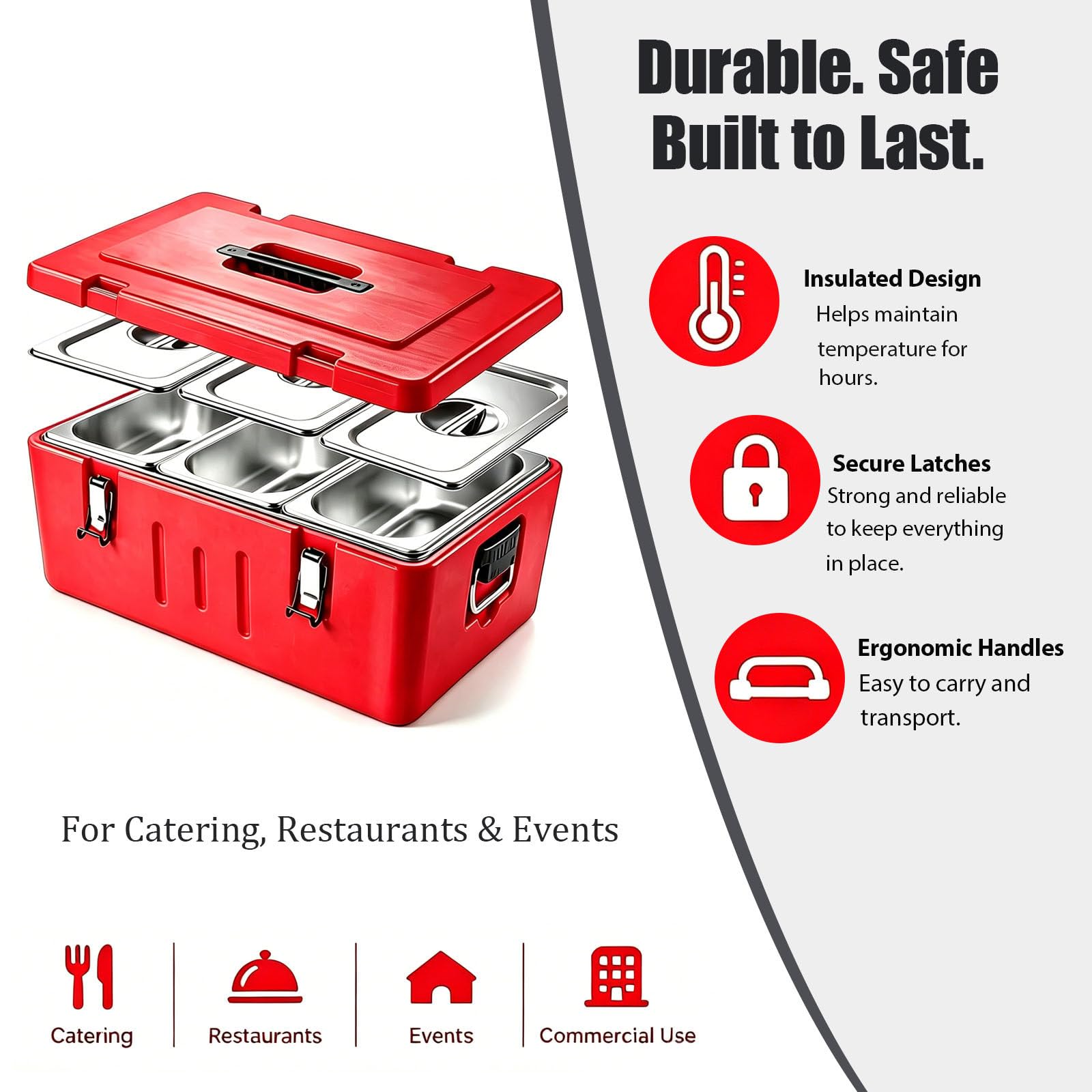 Transportador de Alimentos Isotérmico de 27 Cuartos, Caja Térmica Comercial con 2 Bandejas de Acero Inoxidable de 10 litros, Ideal para Catering, Restaurantes y Uso al Aire Libre 3Gird