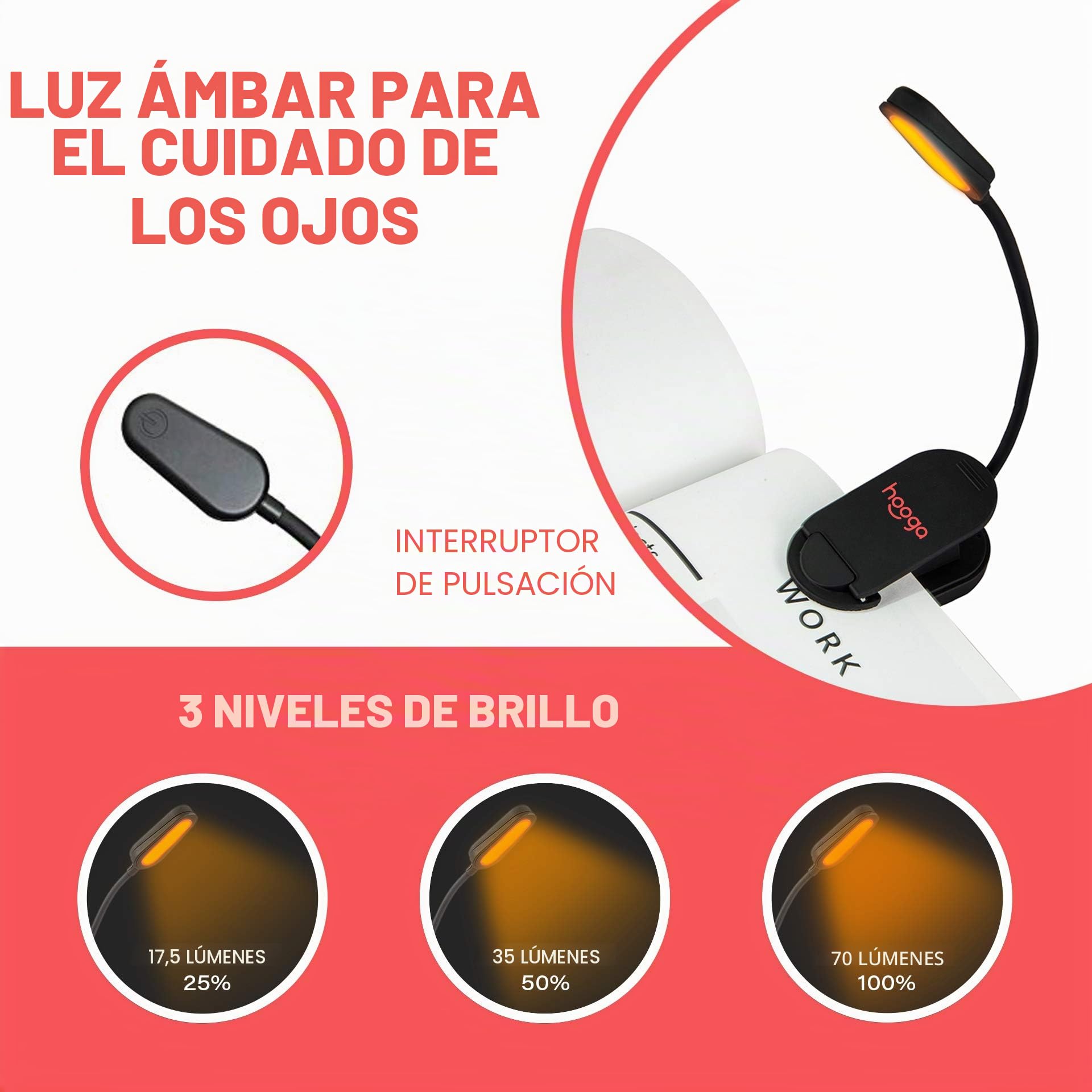 hooga Luz de libro ámbar, recargable con clip de bloqueo de luz azul, luz de lectura LED, 1600 K, cuidado de los ojos cálido para cama, estudiantes, niños, viajes, enfermería, estudio