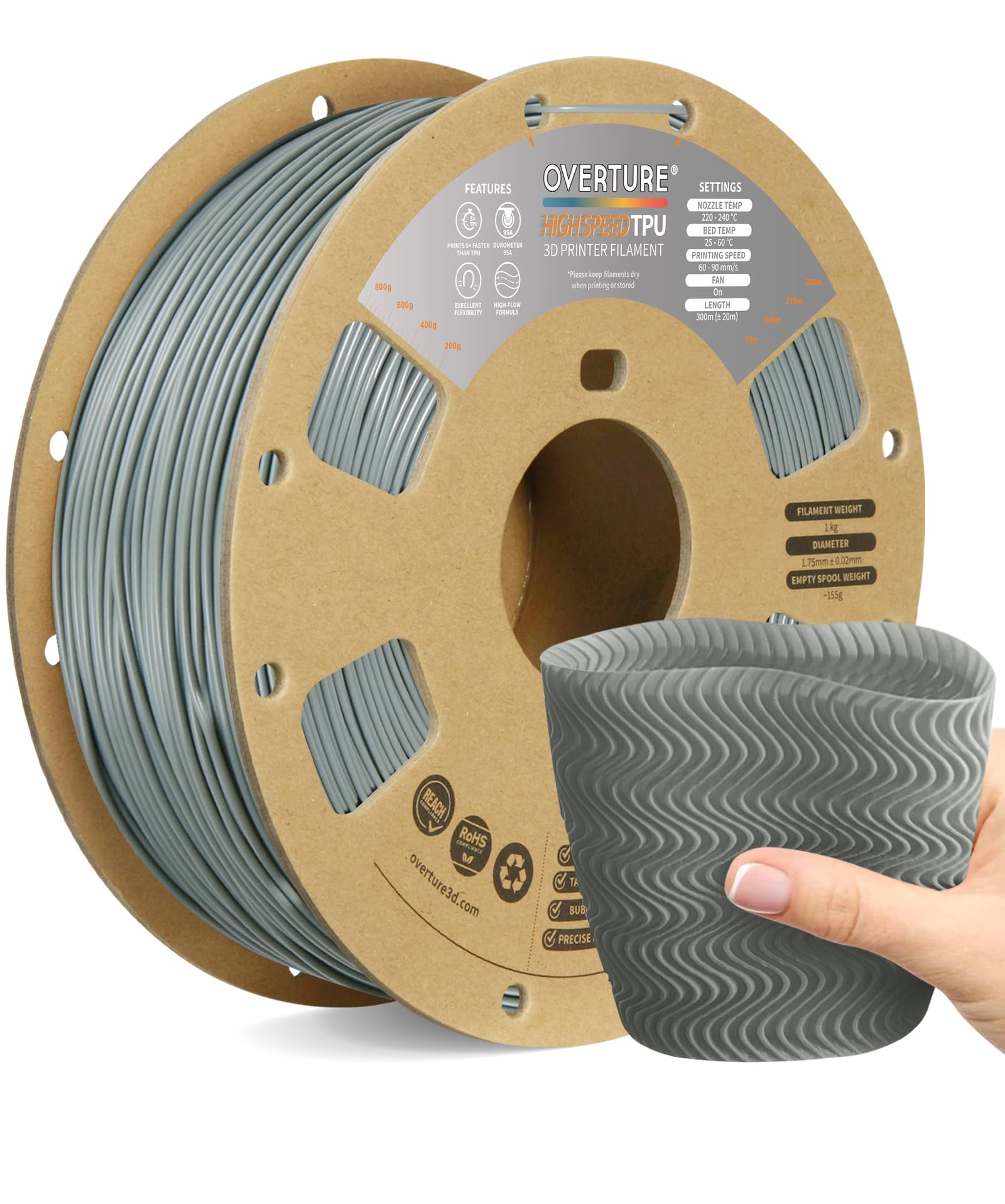OVERTURE TPU 1,75 mm Filamento, Filamento per Stampante 3D ad alta velocità TPU +HS, Flessibile High Speed TPU 1kg(2.2lbs), Precisione Dimensionale +/- 0.02 mm(HS Grigio)