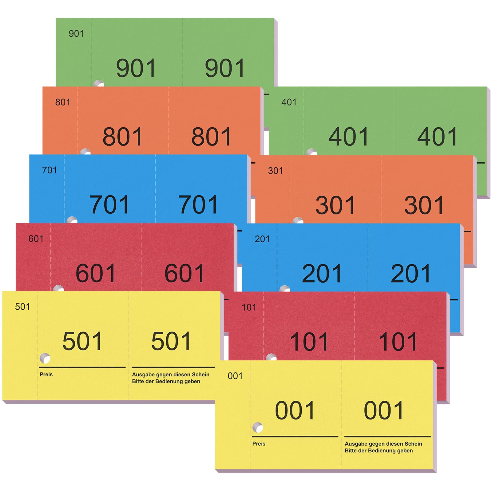 Nezyo Blocs Numerados 1-1000 Tickets Números Blocs de Notas de Números Dobles Papeletas Guardarropa para Eventos Ferias Rifas Sorteo Consumición, 10 x 5 cm(Amarillo, Rojo, Azul, Naranja, Verde)