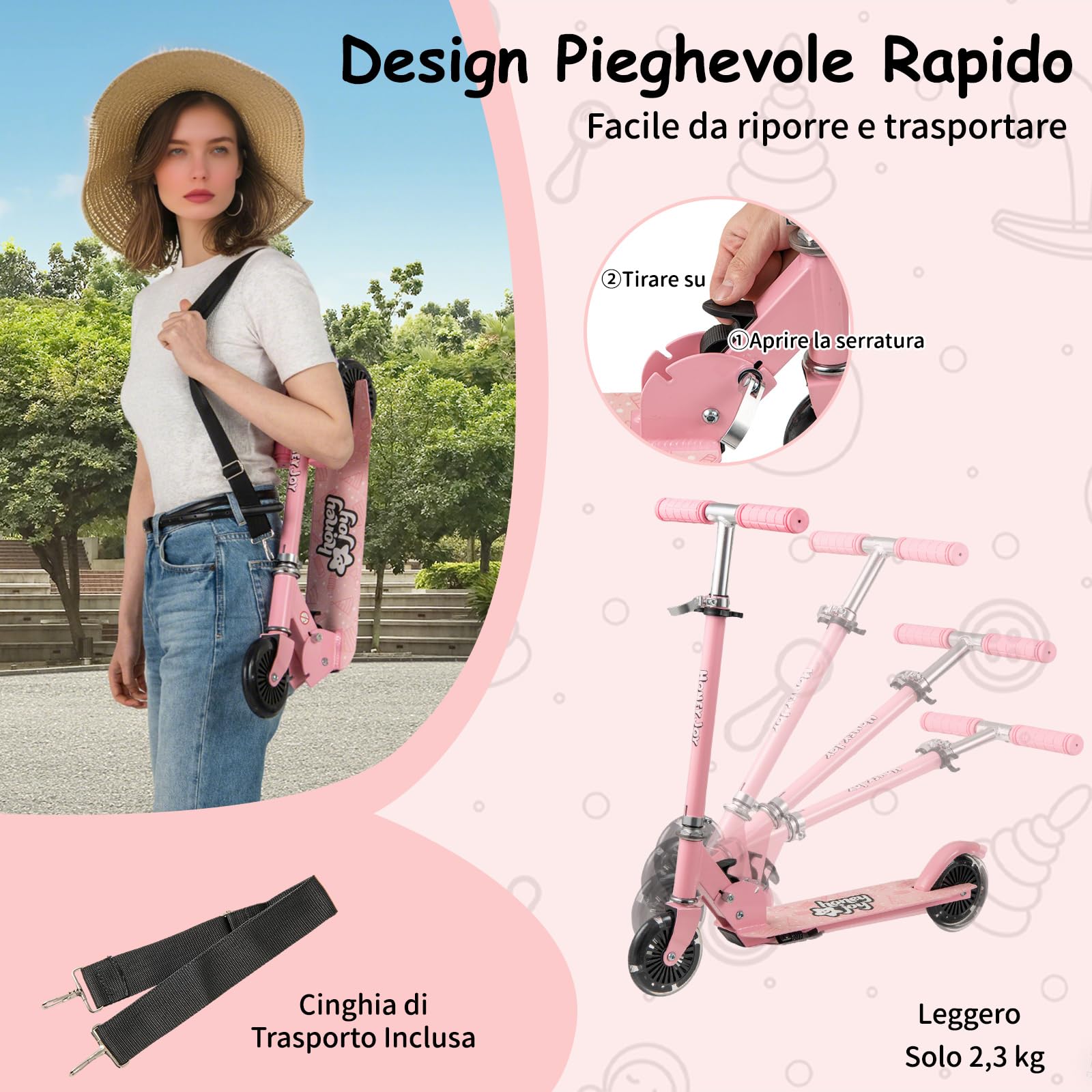 COSTWAY Monopattino per Bambini Pieghevole e Portatile, Monopattino a 2 Ruote con Manubrio Regolabile, Ruote Luminose a LED, Freno Posteriore e Tracolla, Ideale per Bambini e Bambine 3+