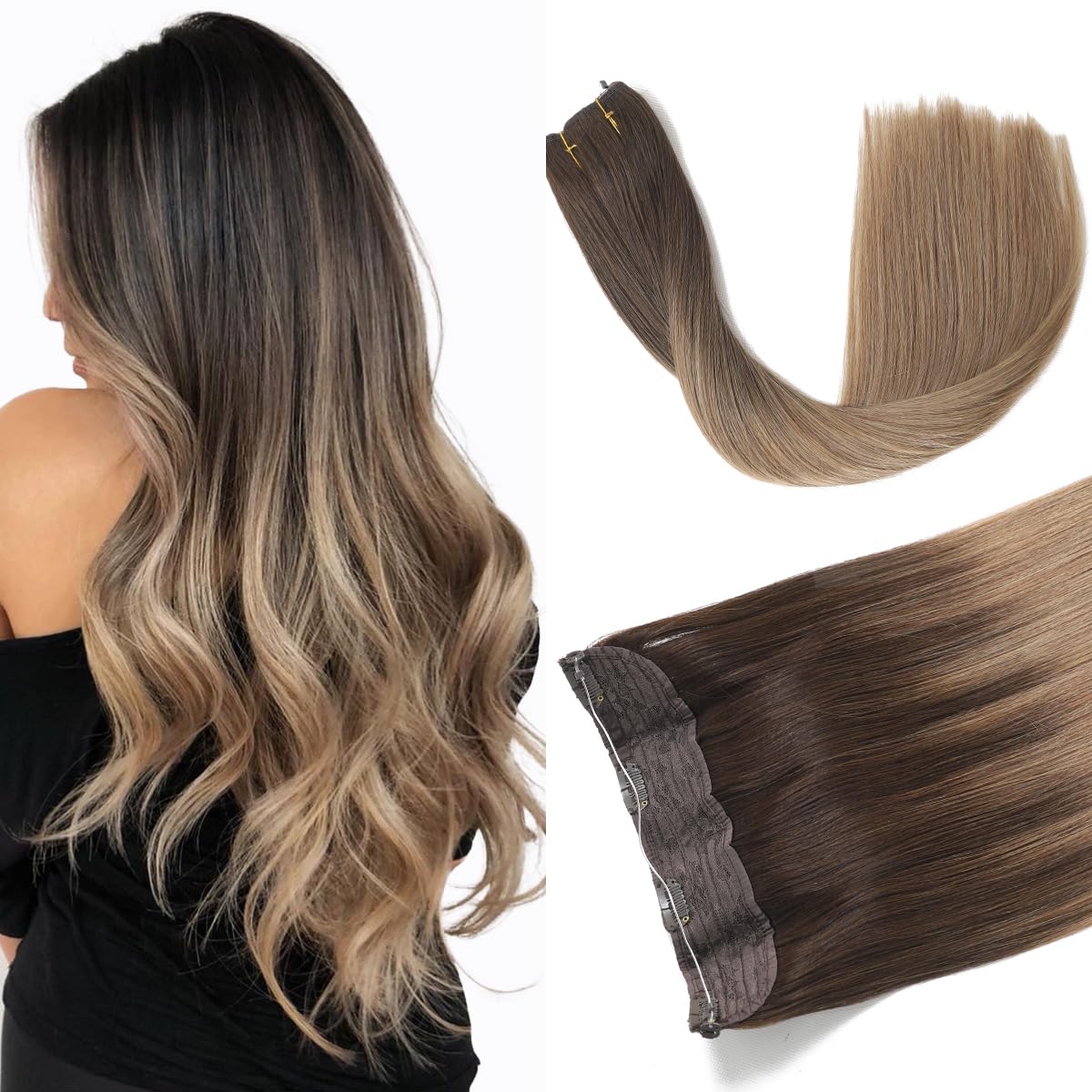 Wire Hair Extensions Remy Human Hair Color 2 Dark Brown to 8 Ash Brown Hair Extensions Natural Straight Hairpiece With Secret Fish Line 14 Inch 70g(#2T8-14inch)