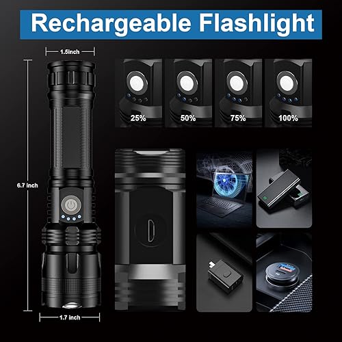 Miniatura 4 de Linternas recargables de 90000 lúmenes altos, paquete de 2, luz LED súper brillante con 5 modos, linterna de mano impermeable más brillante de 12