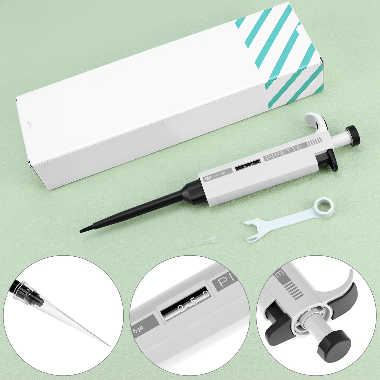 QWORK® 0.1μl-2.5μl Pipetta micropipetta da laboratorio a canale singolo ad alta precisione regolabile