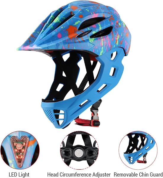 Full Face Adjustable Kids Bike Helmets, Lightweight Toddler Helmets with LED Light, Ventilation, for Sun Protection with Sponge Pad (M) - 3