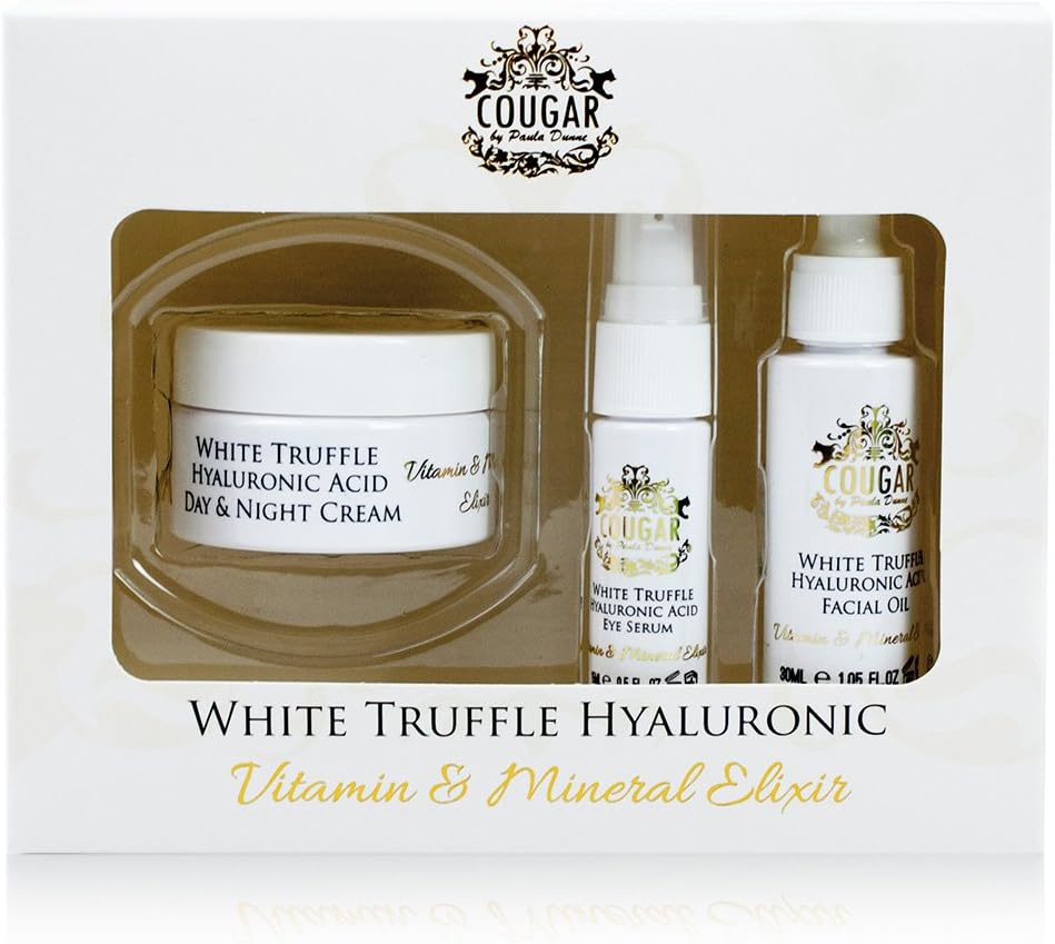 Cougar White Truffel Hyaluronic Acid Day and Night Cream, Facial Oil and Eye Serum Trio Gift Set