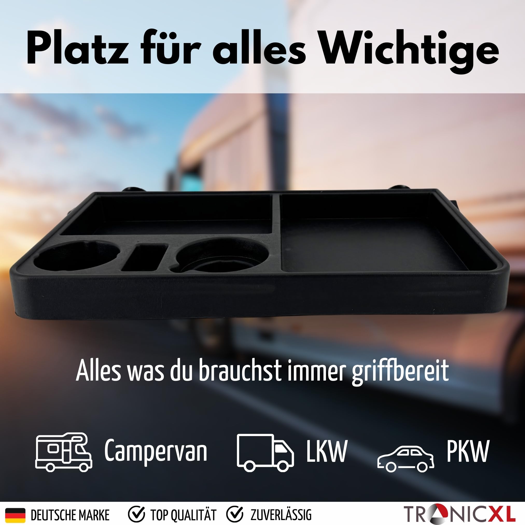 TronicXL Mesa para camión, caravana, camionero, interior, minivan, bandeja de almacenamiento, soporte para bebidas, soporte para bebidas