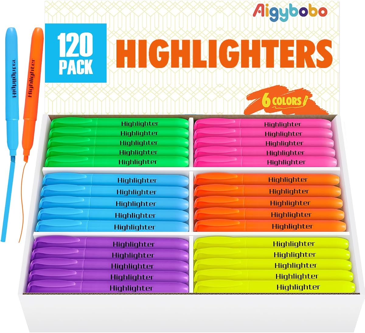 Aigybobo Paquete de 120 resaltadores en 6 colores surtidos, punta de cincel que se seca rápidamente a granel, marcadores resaltadores sin sangrado para niños adultos, maestros de aula deben tener, suministros de oficina escolar