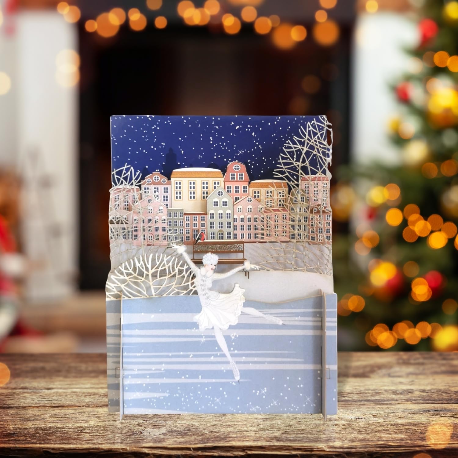 Alljoy 3D Lady Ice Skating Pop Up Christmas Greeting Card XPOP047, White and Gold, 15cm x 15cm or 6" x 6" - Image 3