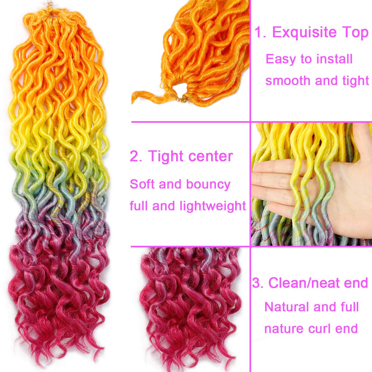 5Pack Rainbow Wavy Faux Locs Braids Crochet Hair 20inch Goddess Locs with Curly Ends Synthetic Crochet Twist Braiding Hair Extensions (Rainbow#,500g/Lot)