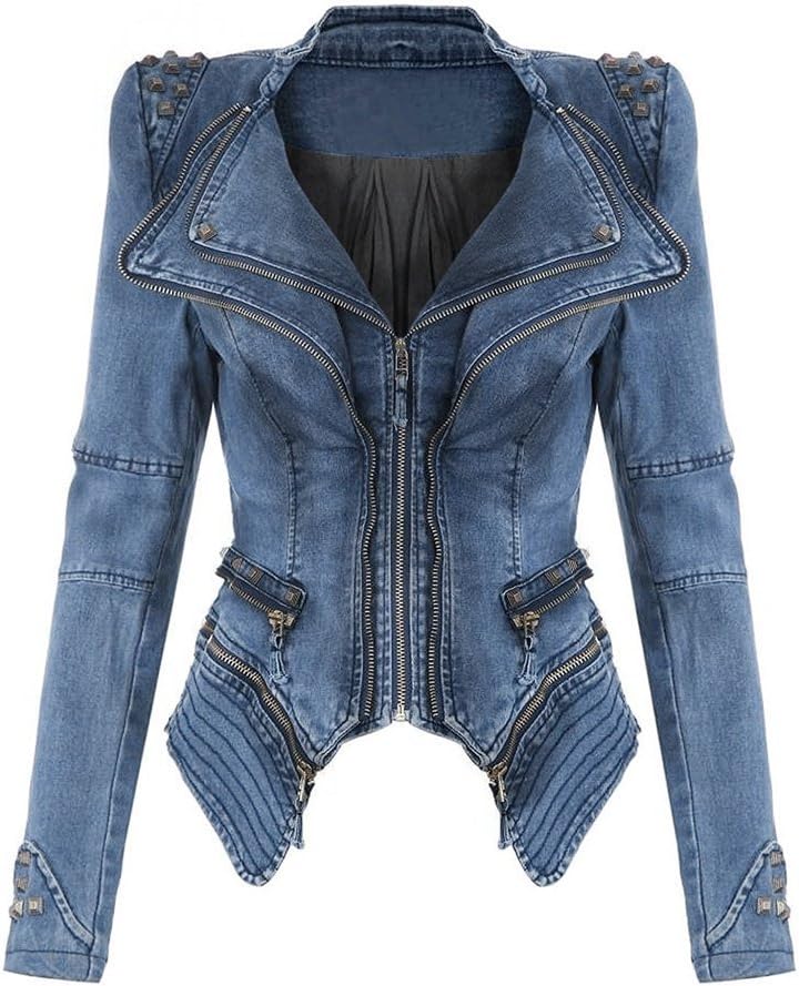 Meedot Womens Denim Jacket Zip Up Coat Biker Jacket Punk Coat Shoulder Pad Blazer Cardigan Short Jackets Rivet Jeans Jacket Transition Rivet Outwear Jackets Blue M