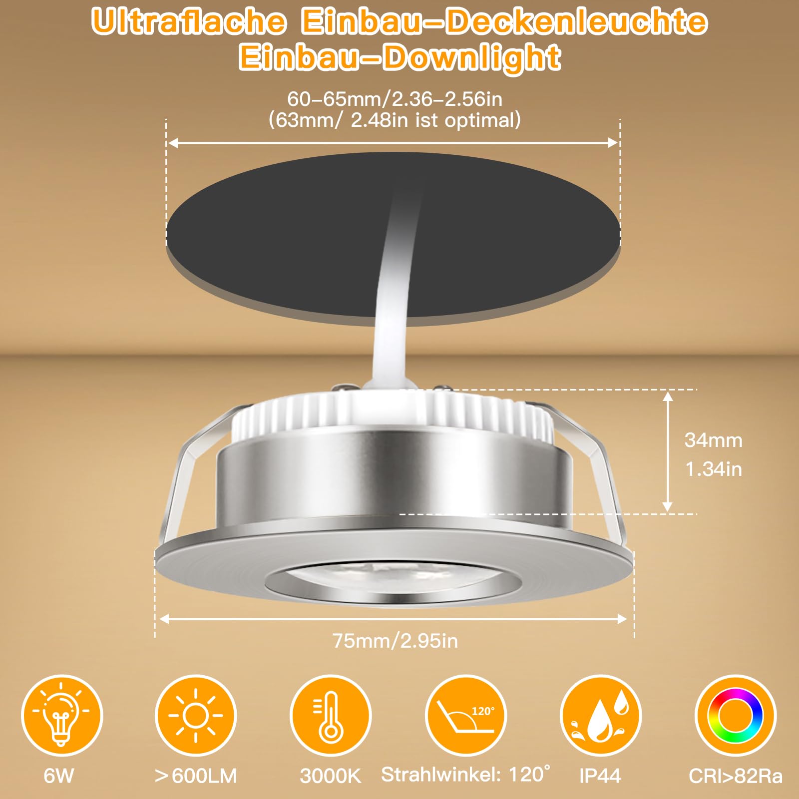 LED Einbaustrahler 230V 60-65mm Ultra Flach 6W IP44 LED Einbauleuchten Deckenspots 3000K Warmweiß, LED Spots Badezimmer Matt Nickel 6er Set, für Badezimmer Küche Wohnzimmer