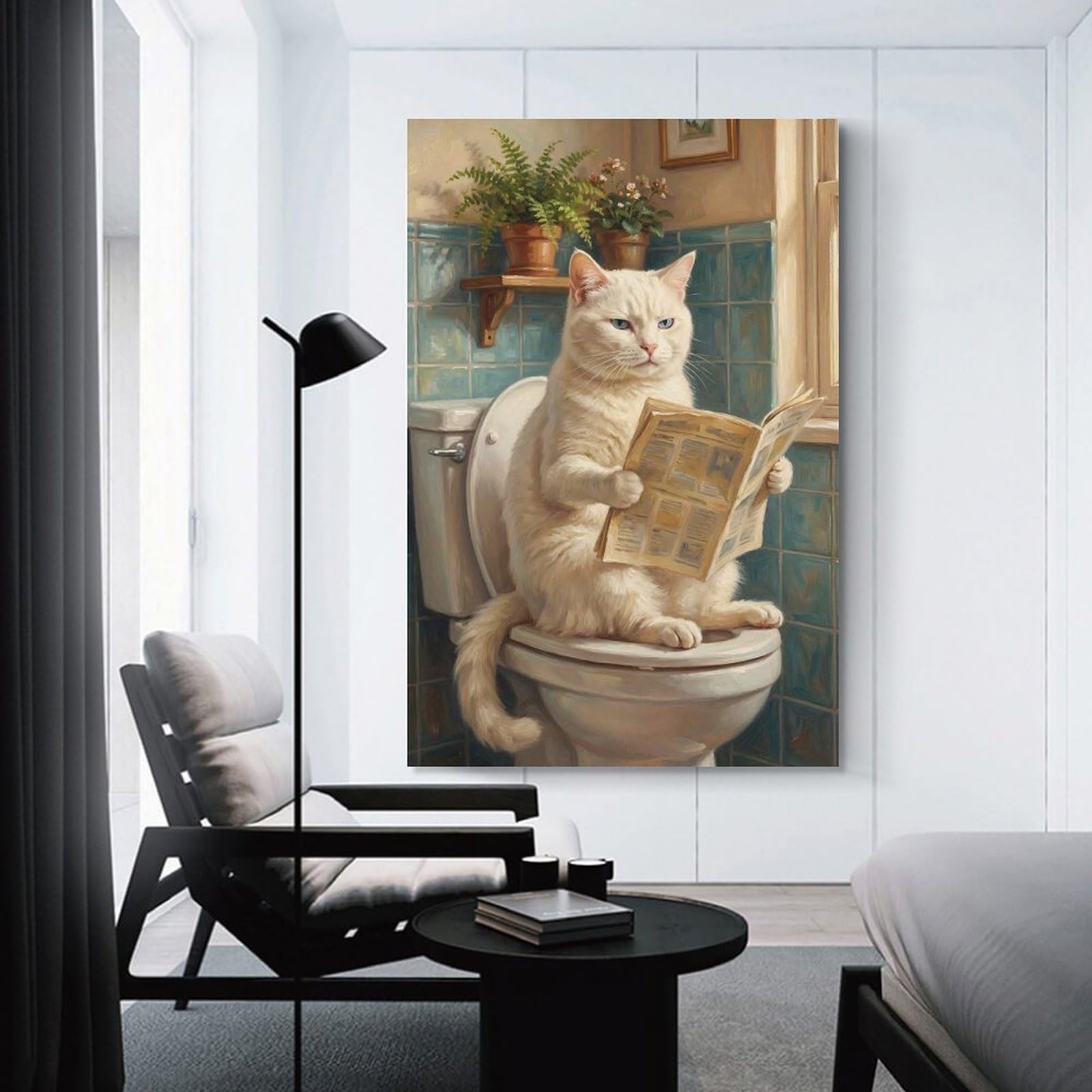 Junmoney Unframe-Style-15 Hanging Wall Art White Cat Reading Newspaper On Toilet, 20X30inch(50X75cm), For Gallery Wall Layouts In Home Or Office, An Easy Match For Collected Prints