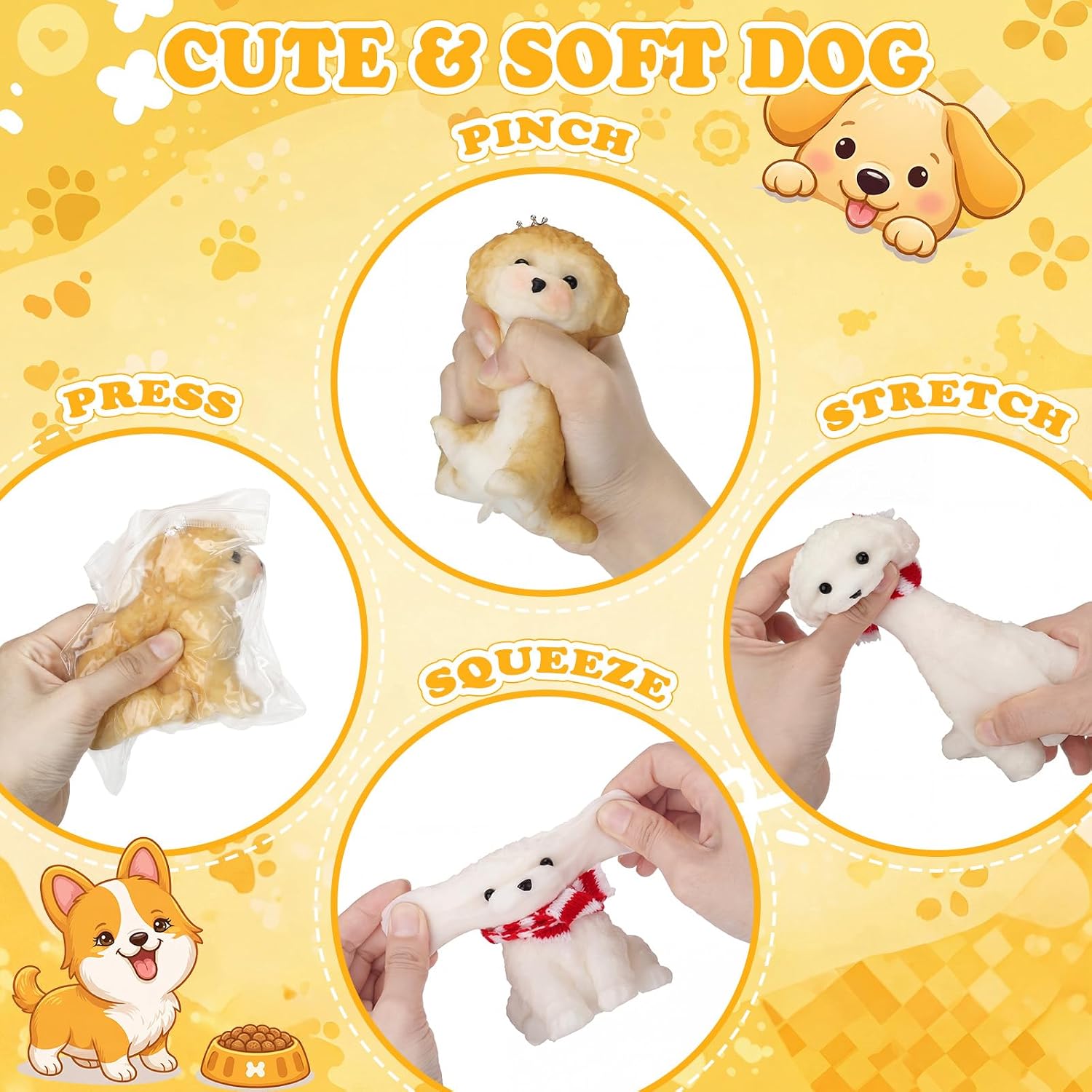 8 Pcs Large Taba Cute Squeeze Dog Sensory Play Things Big Squeeze Puppy Ultra Soft Silicone Teddy Dogs Handmade Non-Toxic Stress Relief Play Things for Autism Anxiety Relief, Yellow White