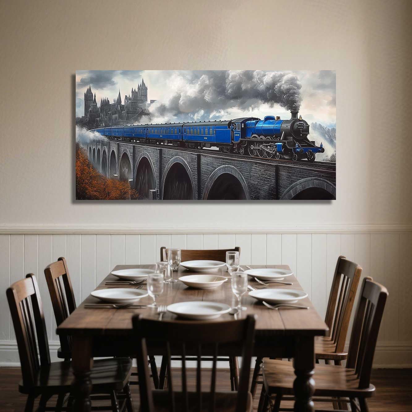 ZSHARTSWD Large Train Wall Art Vintage Steam Train Pictures Forest Railway Canvas Print Bridge and Castle Painting for Living Room Bedroom Office Decor Framed (Blue, 18L x 36W)
