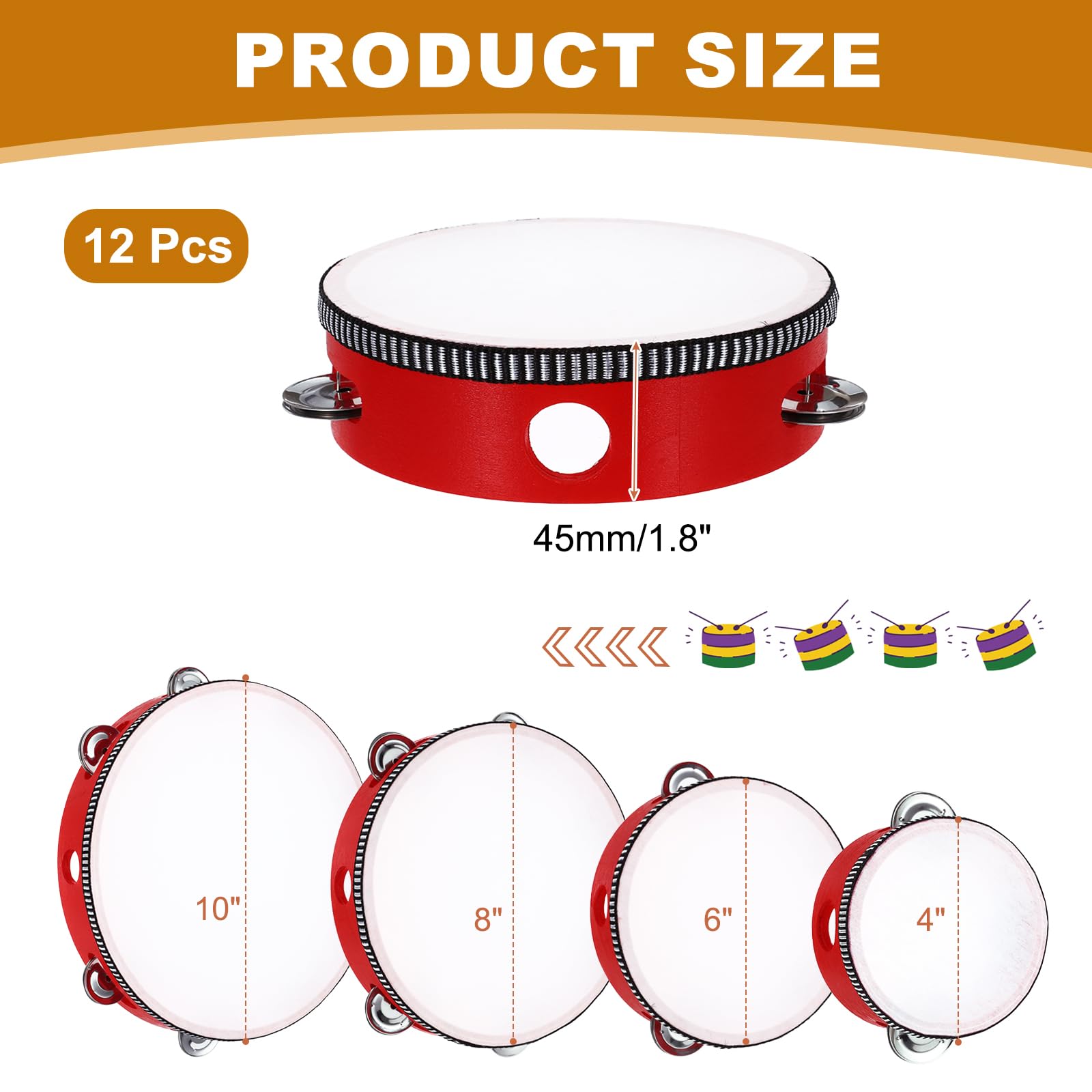 QUARKZMAN 12 Pcs Pandereta De 4 Pulgadas De Madera Instrumento Musical De Percusión Con Jingles De Metal De Una Hila Para Adultos Iglesia Boda Fiestas Juegos, Rojo