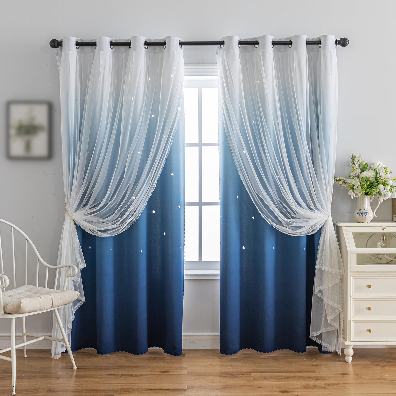 indistar Colourful Stripe Star Cut-Out Blackout Curtains for Bedroom,2 Layers Mix Design of Fabric &amp; Tulle,Pretty Window Curtain for Kids Room 1 Panel (W52 x L84 Dark Blue)