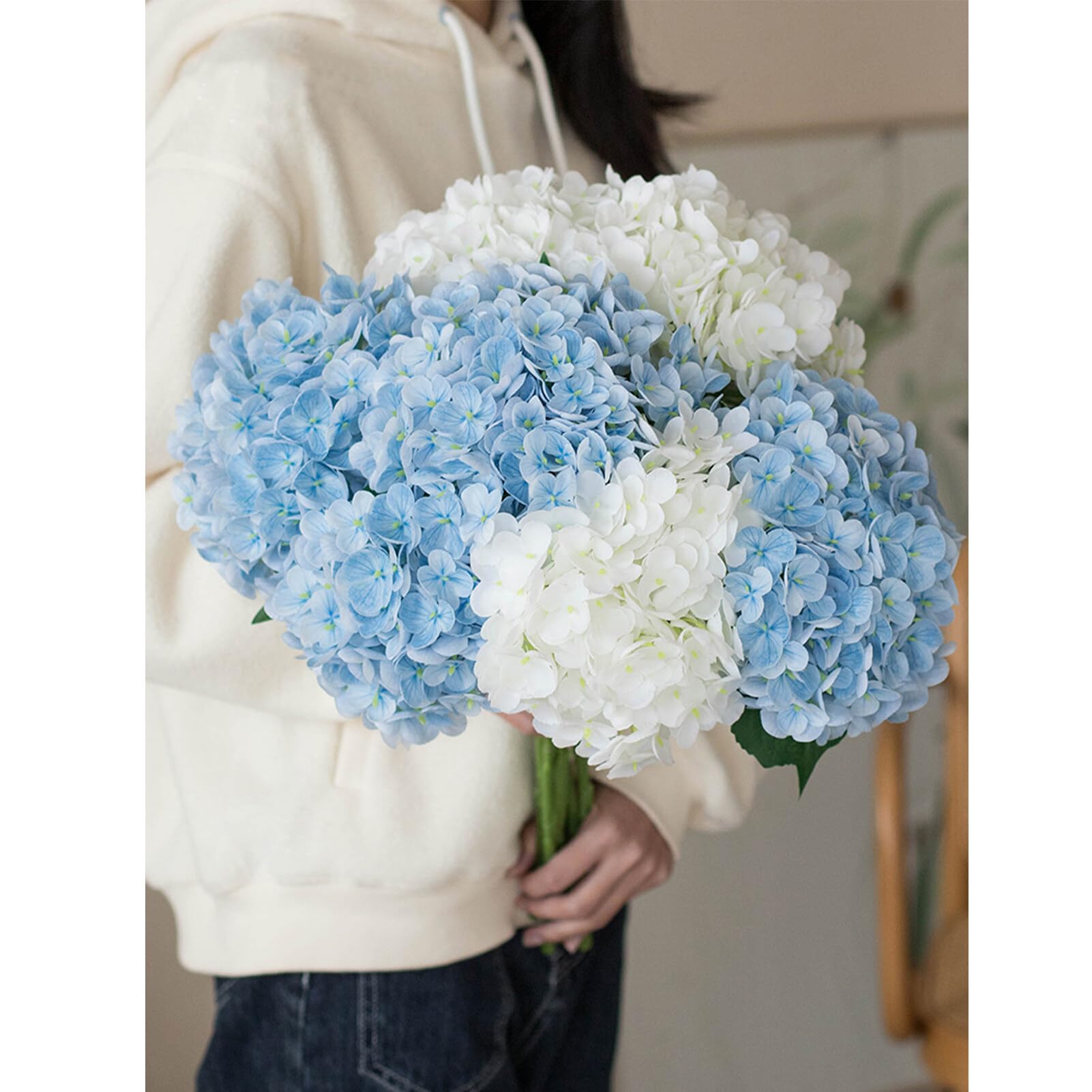 Namzi 6 fiori di ortensia in seta blu, realistici, bouquet di ortensie per matrimoni, feste, ufficio, decorazione per la casa (blu e bianco