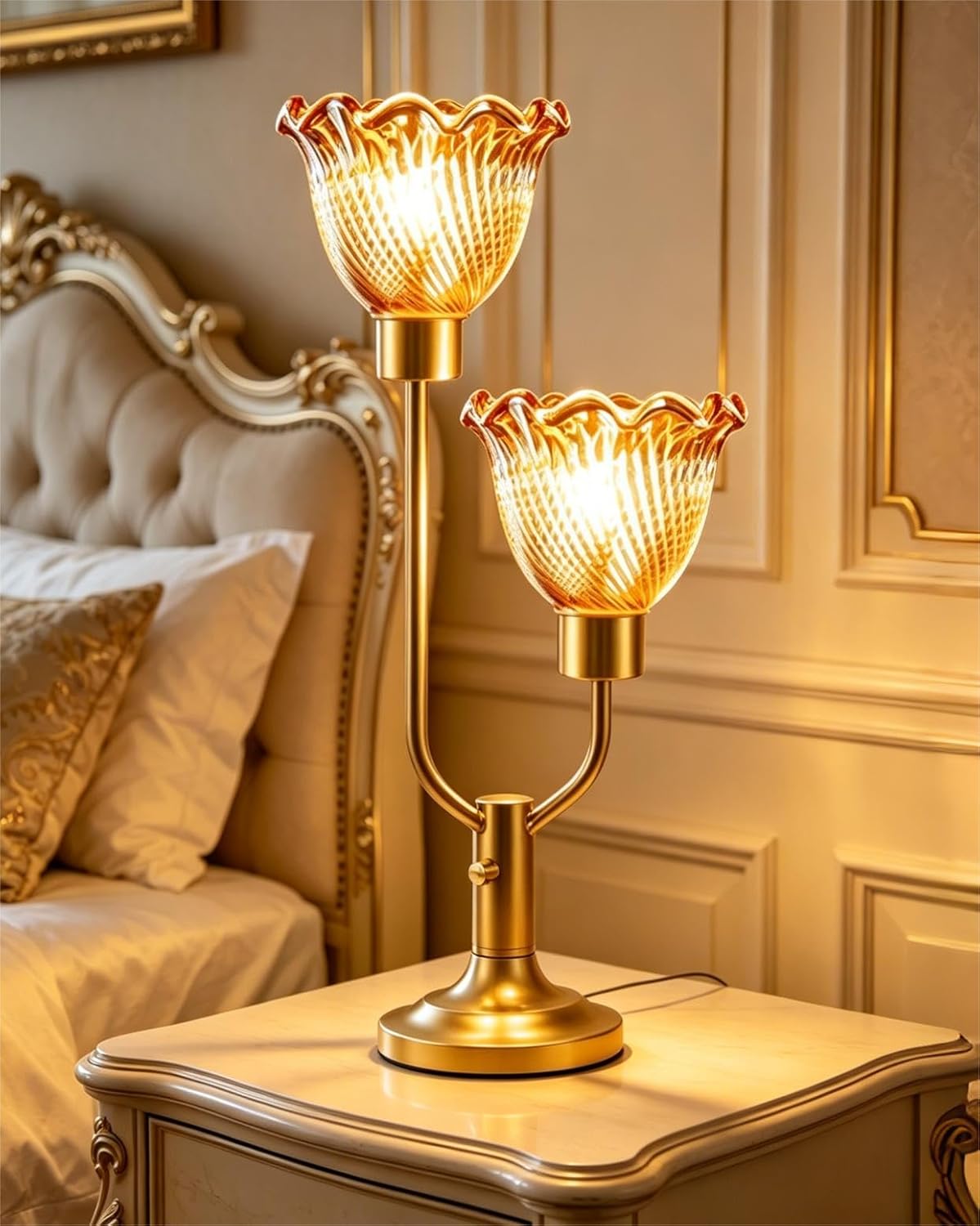 Lightdot Gold Table Lamp for Bedroom Dimmable Mid Century Modern Flower Desk Lamp Amber Glass Vintage Nightstand Lamp 2 Bulbs Included Warmwhite Ambient Bedside Lamps for Living Room Home Office Decor
