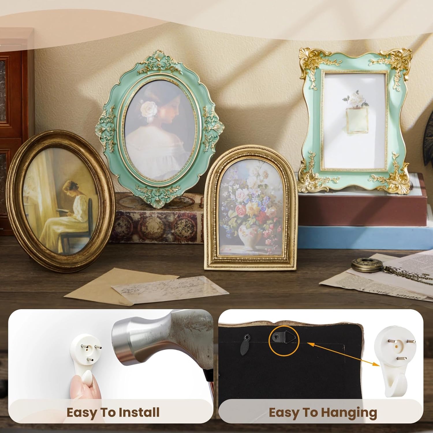 Lineshading 8 Pcs Gold and Green Picture Vintage Gallery Wall Frame Set Including 8x10, 5x7, 4x6 Antique Resin Picture Frame Collage Baroque Victorian for Wall Tabletop Display for Bedroom Living Room