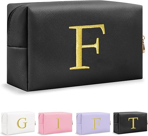 Miniatura 45 de Bolsa de Maquillaje con Inicial de Regalo Personalizado, Bolsa de Cosméticos Preppy con Letra Bordada Dorada, Rellenos de Calcetín para Chicas Blanco