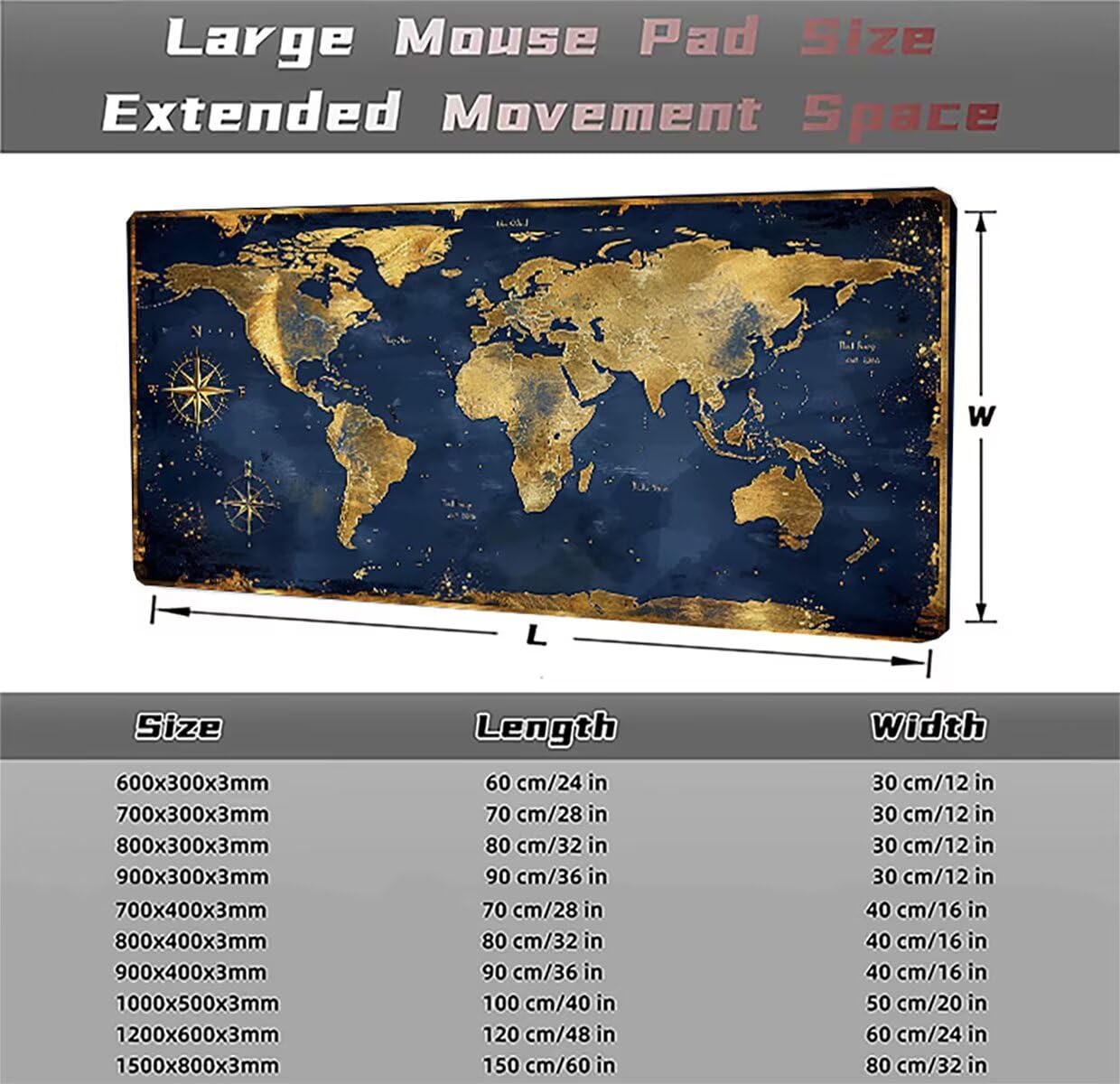 Tappetino per Mouse Gaming XXL 1200x600x3mm – Ufficio Mousepad Grande – Migliora la Velocità e la Precisione – Tenuta Stabile – Sottomano per Ufficio e Casa Accessori Scrivania – Mappa Giallo LMDT8988