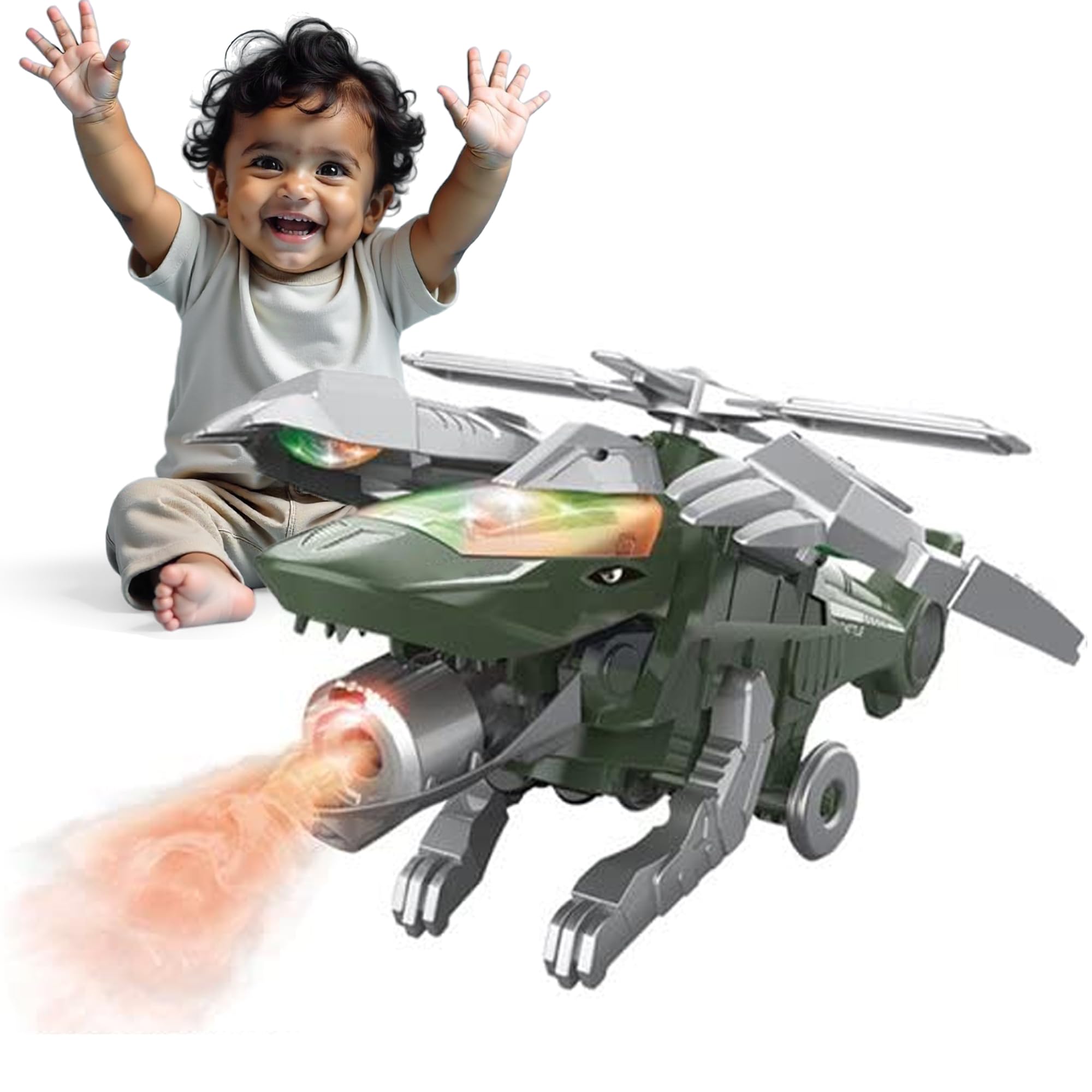Sponsored Ad - Kidology 2 in 1 Transforming Electric Helicopter & Dinosaur Toy for Kids 0-3 Years, Fighter Spray with Music & Realistic Led Light | Fun Toys for Toddlers and Babies (Green)