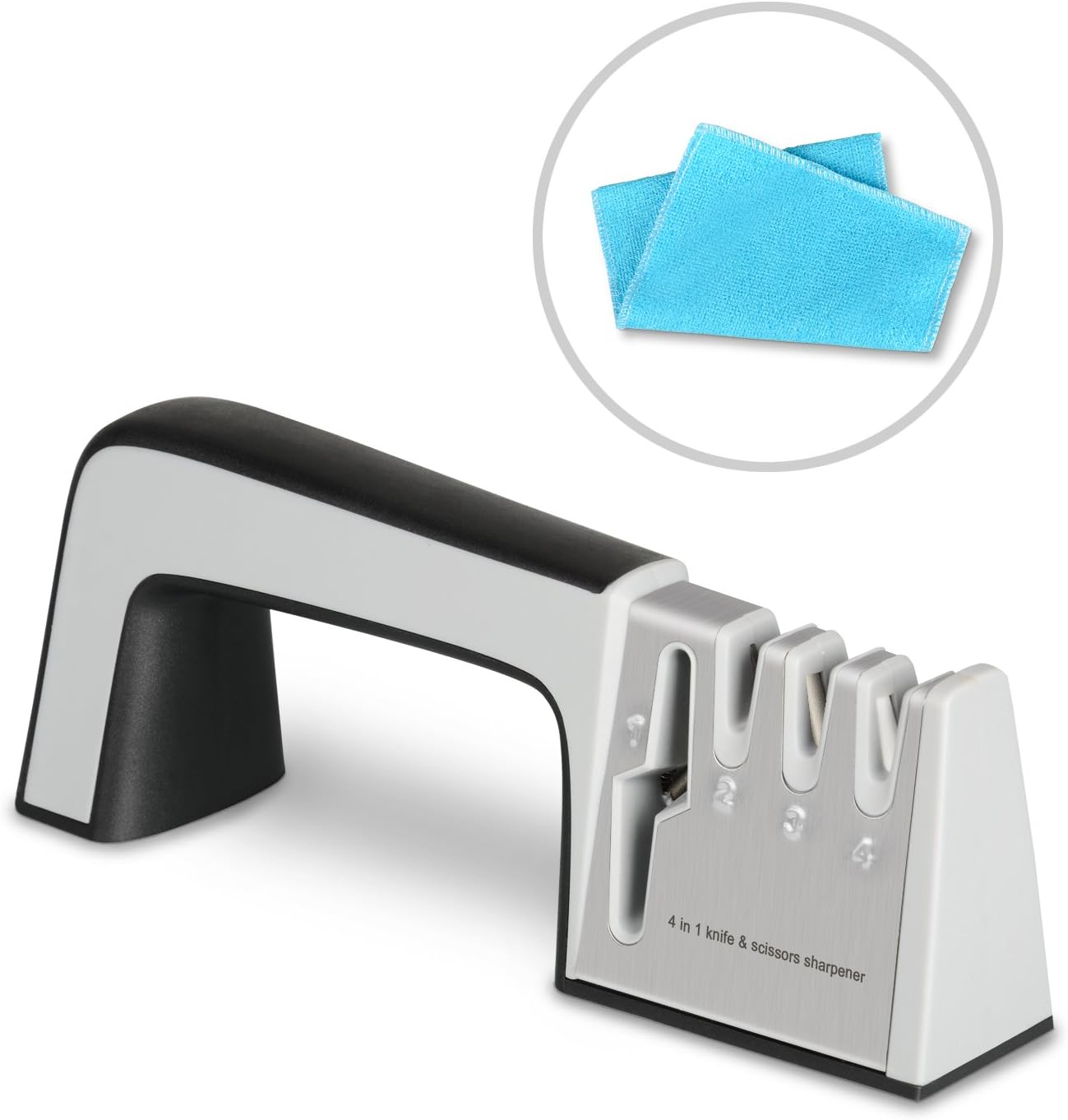 Knife Sharpener, KidsHobby Professional 4 in 1 Knife and Scissors Sharpener with Cleaner Rag, 4 Stage Sharpening System Device Ergonomic Designed for All Sized Household Knives