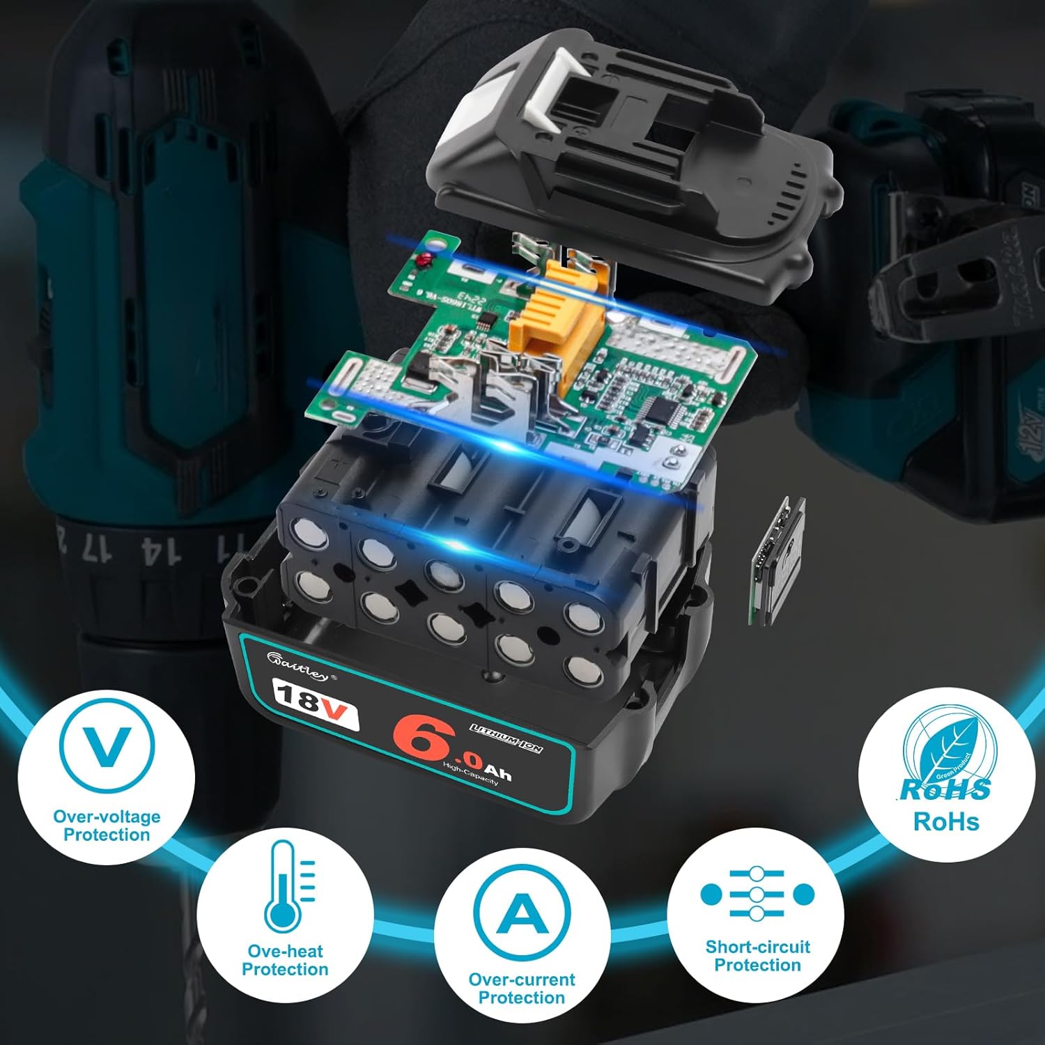 waitley 2Pack 18V 6.0Ah Replacement Battery Compatible with Makita BL1860B BL1860 BL1850B BL1850 BL1840 BL1830 Lithium-Ion Cordless Power Tools (Not Made in Makita)