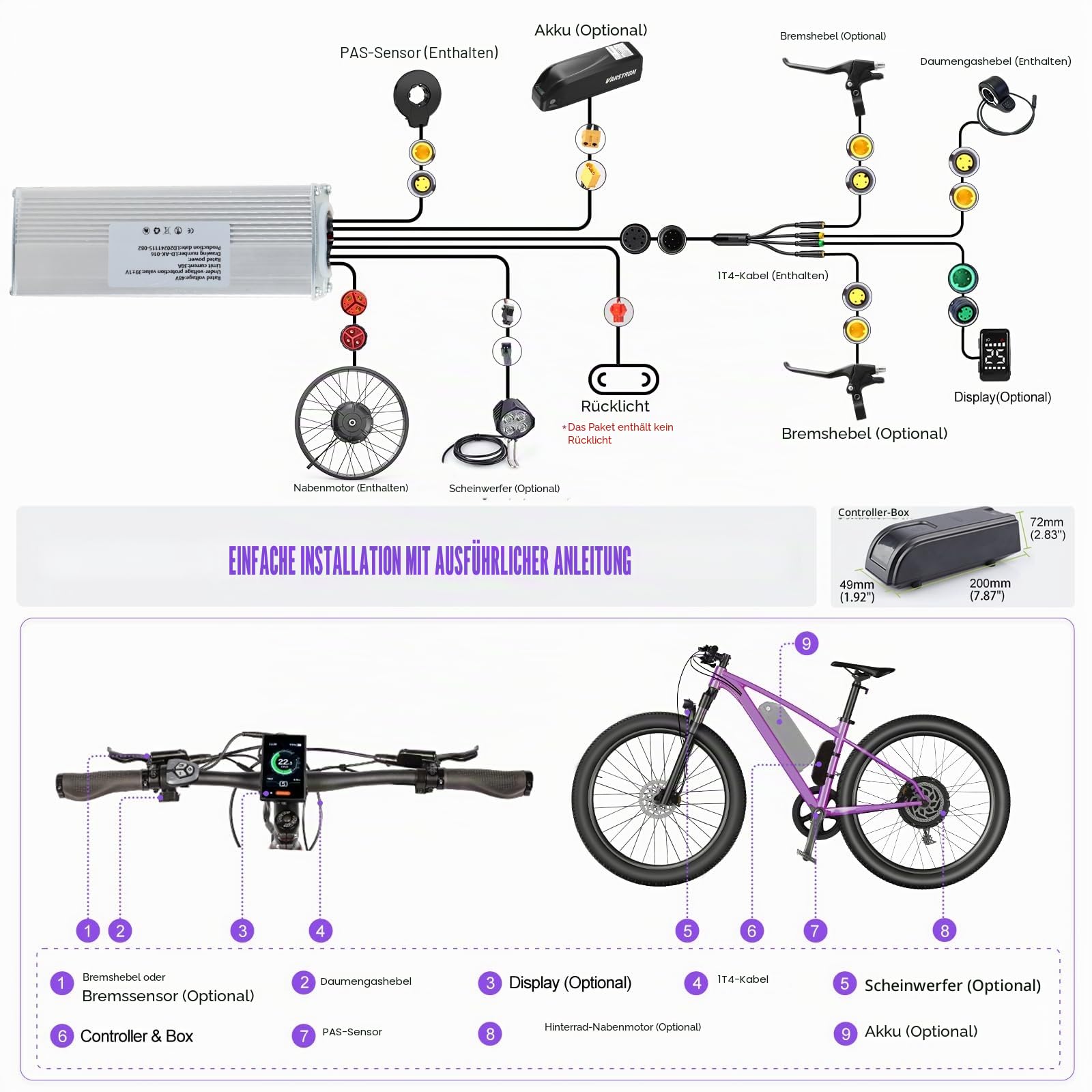 BAFANG 48V G062 E-Bike Umbausatz - 20'' 26'' Hinterrad Nabenmotor Opt Akku