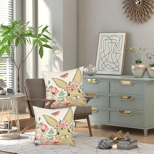 Miniatura 2 de Fukeen Juego de 2 fundas de almohada de Pascua de 16 x 16 pulgadas, diseño floral de conejo, conejo, granja, decoración de granja, funda de cojín