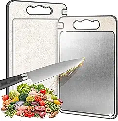 Tábua de Corte Inox Cozinha Dupla Face Aço Inoxidável e PP, Superfície Higiênica para Carnes, Frutas e Vegetais, Afiador Integrado Base Antiderrapante e Alça Ergonômica Premium