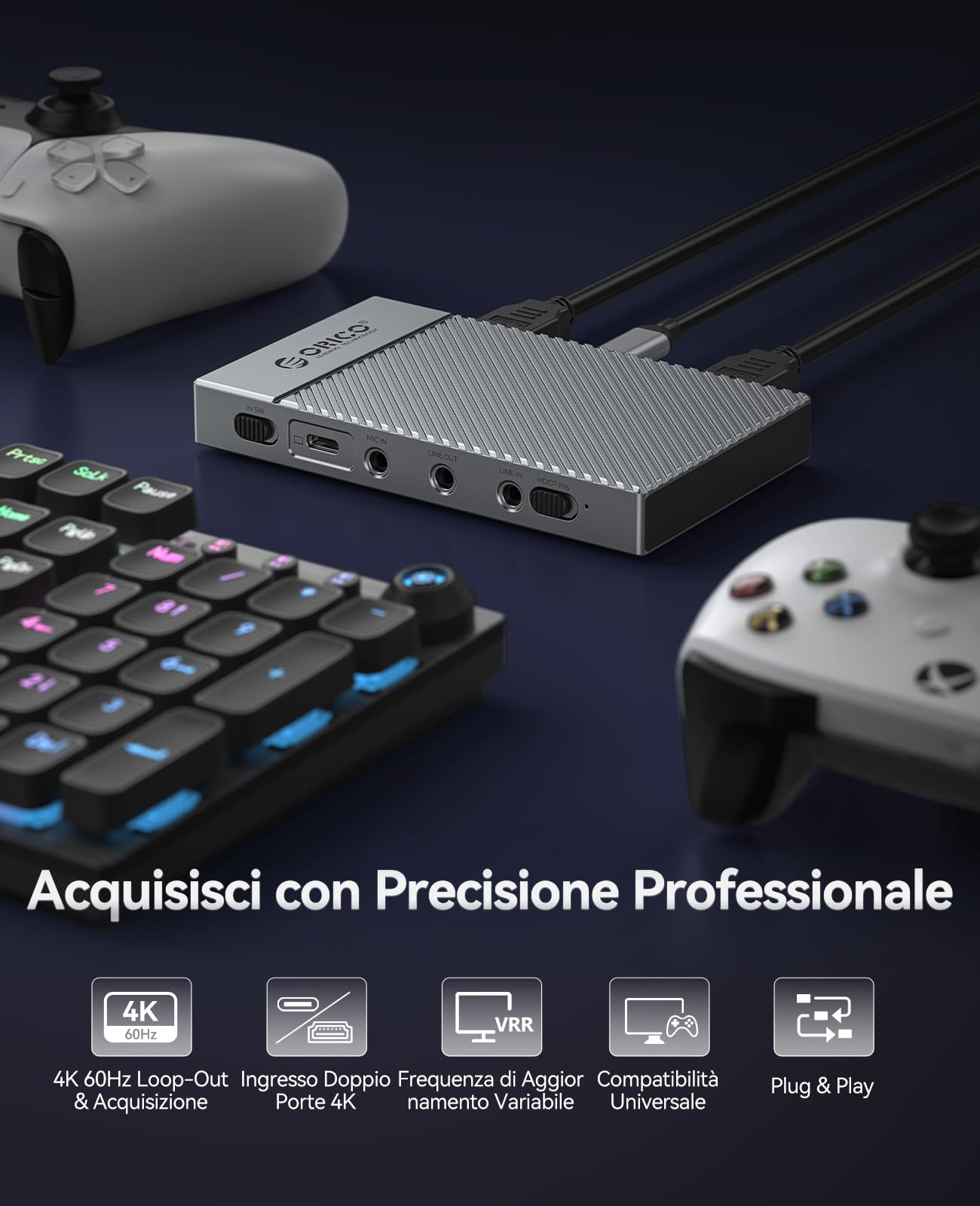 ORICO Cattura Video HDMI 4K@60Hz con Pass-Through - HDR, VRR, Bassa Latenza, Alta Velocità - Compatibile con Switch, PS5/PS4, Xbox, Windows, macOS, Linux, Android