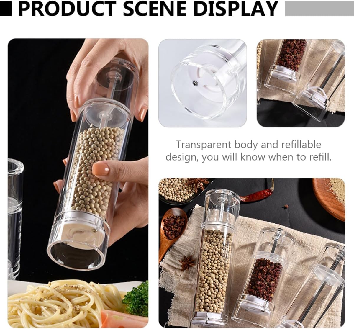 Acrylic Manual Pepper and Salt Grinder Large 21cm Adjustable Coarseness Spice Crusher for Kitchen Cooking
