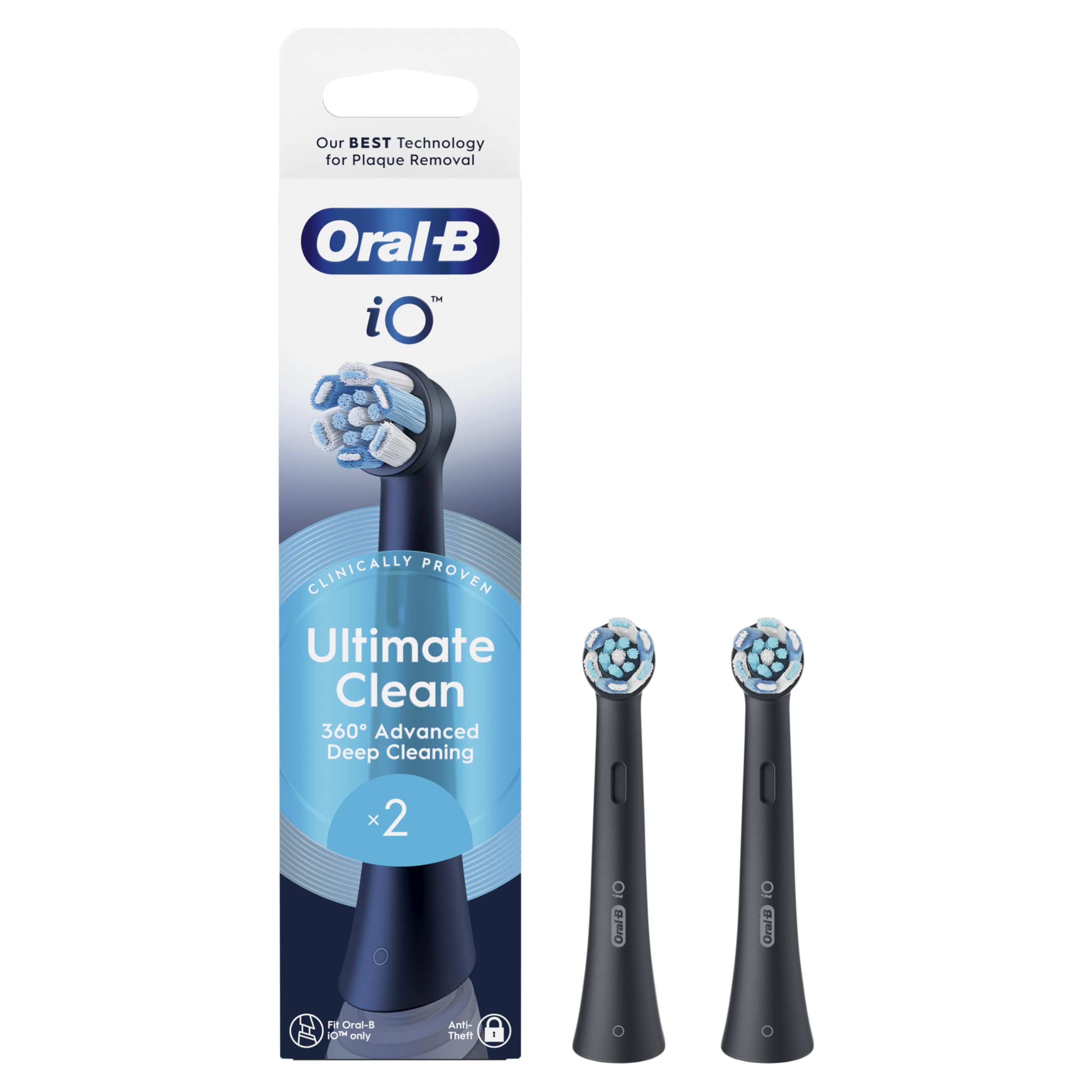 Oral-B - Juego de 2 cepillos de repuesto para cepillos de repuesto (limpios, automáticos, negros, cepillado profundo, eliminación de placa dental, cepillo redondo para cepillos eléctricos oral B iO