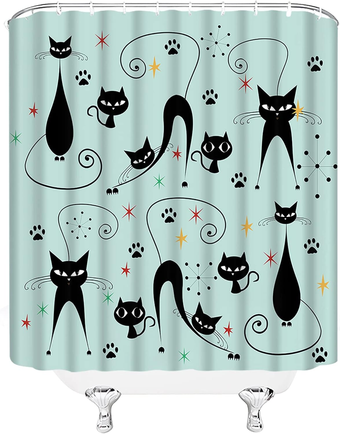 Mid Century Modern Shower Curtain Atomic Cat Diamonds Iconic Sputnik Star Paw Print Retro Abstract Vintage Geometric 1950s 1960s Fabric Bathroom Decor Curtains with Hooks,Black Teal