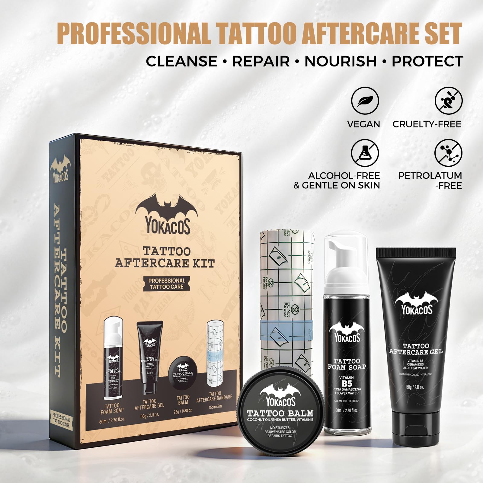 4 in 1 Kit di cura tatuaggio professionale tatuaggio aftercare | Morbido e lenitivo, crema riparatrice, gel lenitivo, schiuma detergente e fascia di protezione, per tatuaggio fresco e antico