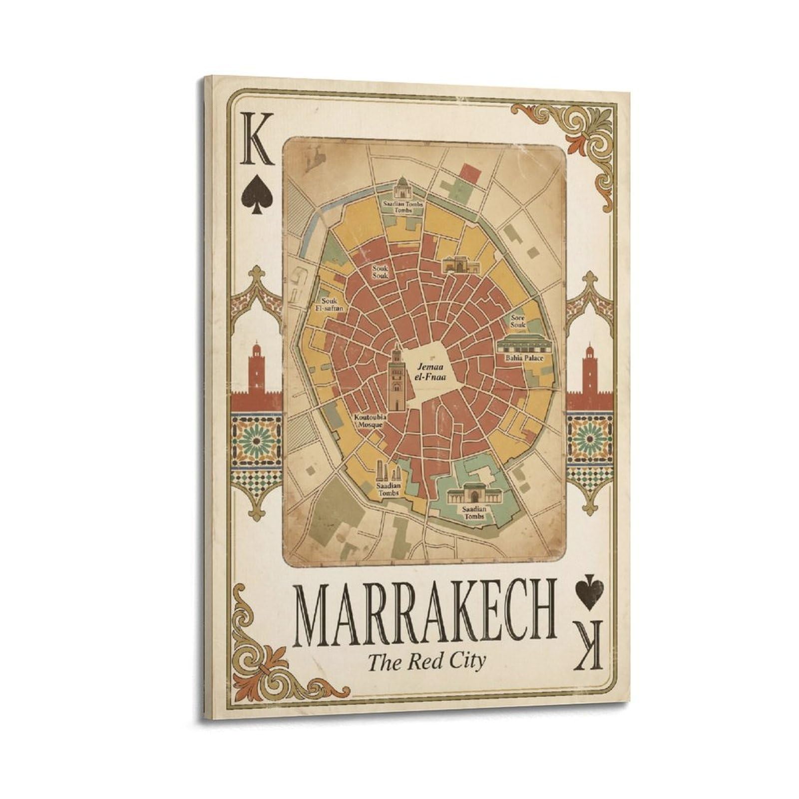 OKAHYS Retro Travel Map Poster Marrakech Morocco Red City Playing Card Style Modern Decorative Canvas Prints - Ideal Wall Art for Family, Man Cave, Game Room, Boys & Girls Bedroom 20x30inch(50x75cm)