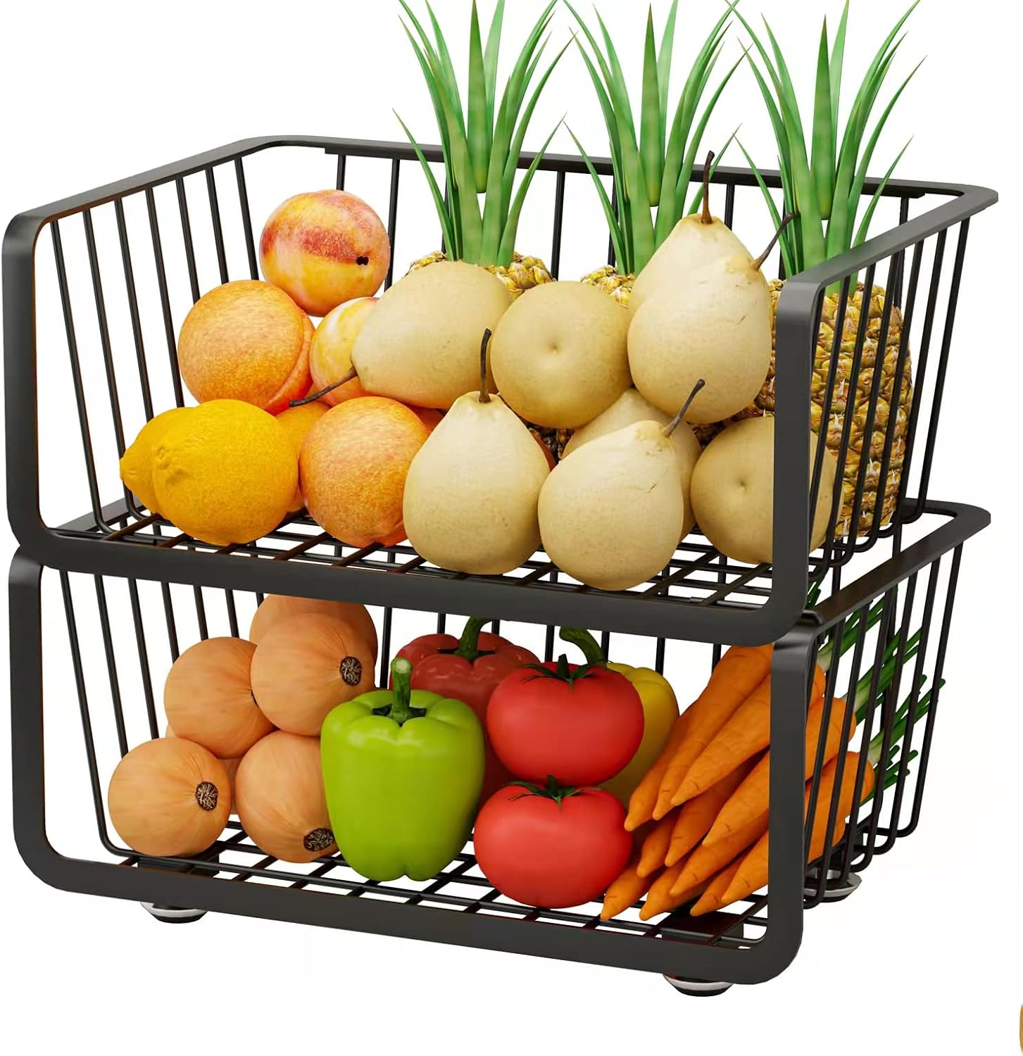 OROPY 2 Tier Stackable Storage Baskets , Metal Wire Fruit Vegetable Basket Organizer Bins with Adjustable Anti-skid Feet for Kitchen Counter, Pantry, Cabinet Black