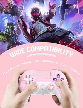 PHNIXGAM Pink Wireless Controller Compatible with Ps4/Ps4 Pro/Ps4 Slim/PC/iOS 13.4 Above/Android 10, Gaming Controller with Touchpad, Motion Sensor, Speaker, Headphone Jack, LED and Back Button