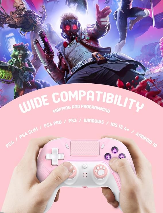 PHNIXGAM Pink Wireless Controller Compatible with Ps4/Ps4 Pro/Ps4 Slim/PC/iOS 13.4 Above/Android 10, Gaming Controller with Touchpad, Motion Sensor, Speaker, Headphone Jack, LED and Back Button