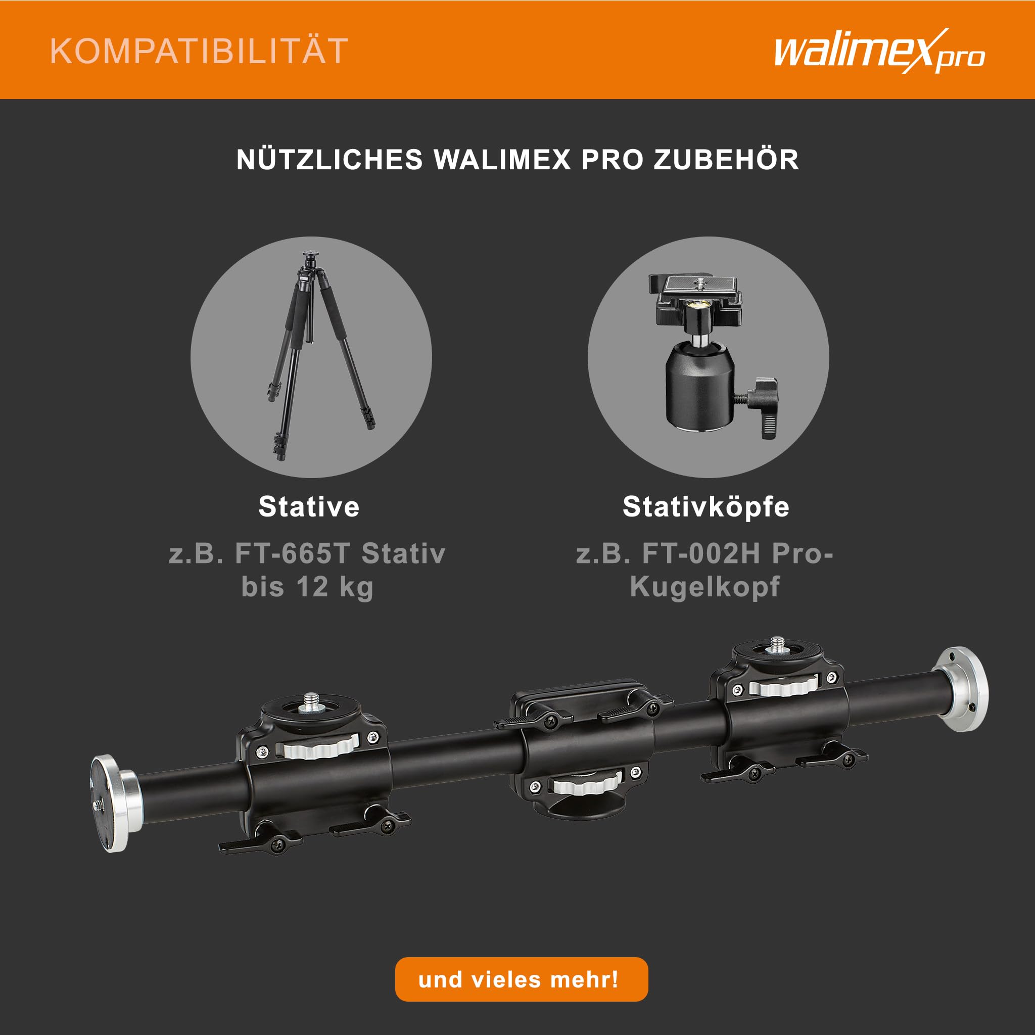 Walimex WT-628 Auslegearm (2 horizontal und vertikal verstellbare Schlitten, 2x 3/8 Zoll, 2x 1/4 Zoll, 60 cm lang, für bis zu 4 Geräte, Rohrdurchmesser 30mm, 60 cm, mit 2 Schlitten)